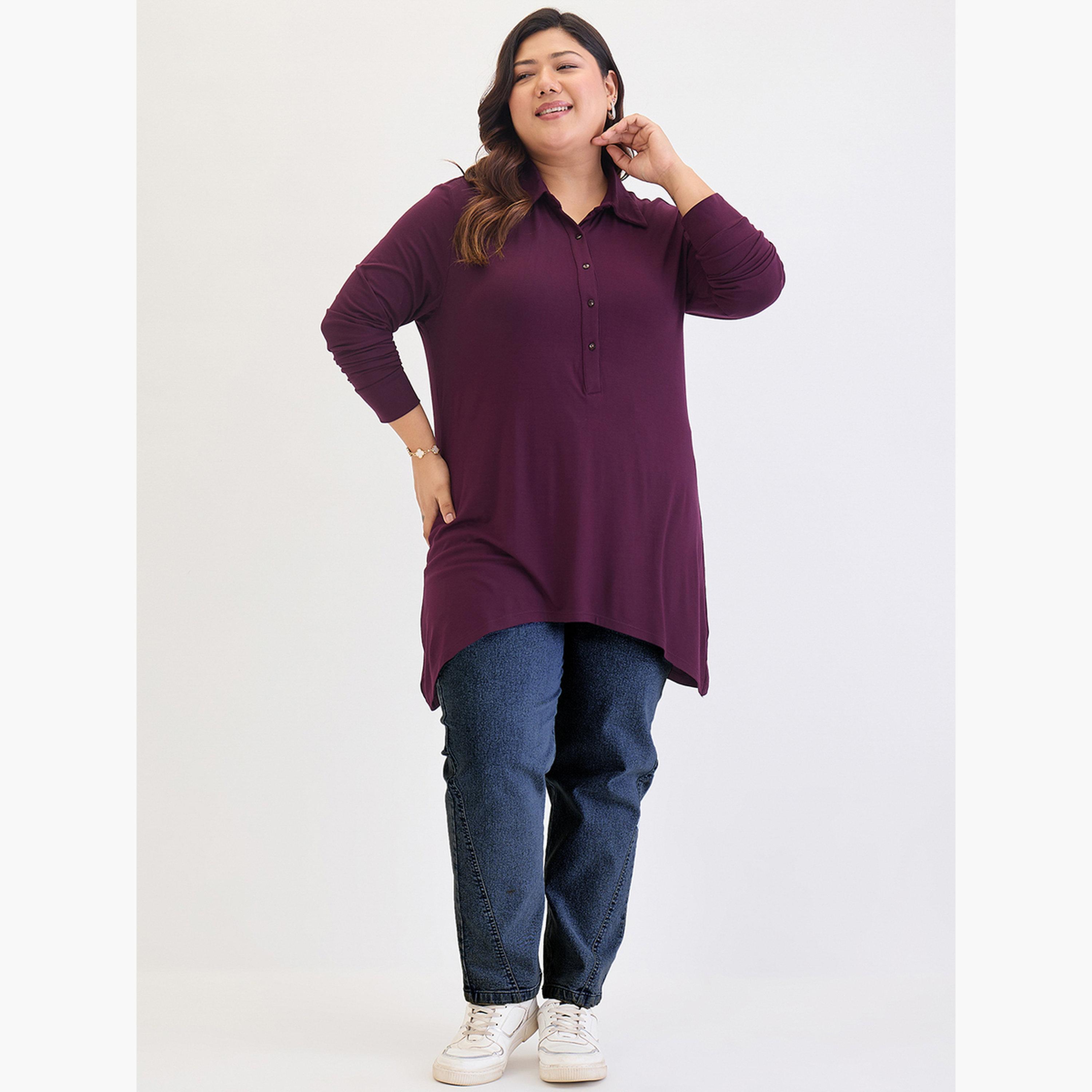 فيميلا - بلوزة تونيك أرجوانية بمقاس واسع وحافة عالية ومنخفضة-women-clothing-tshirts-image-2
