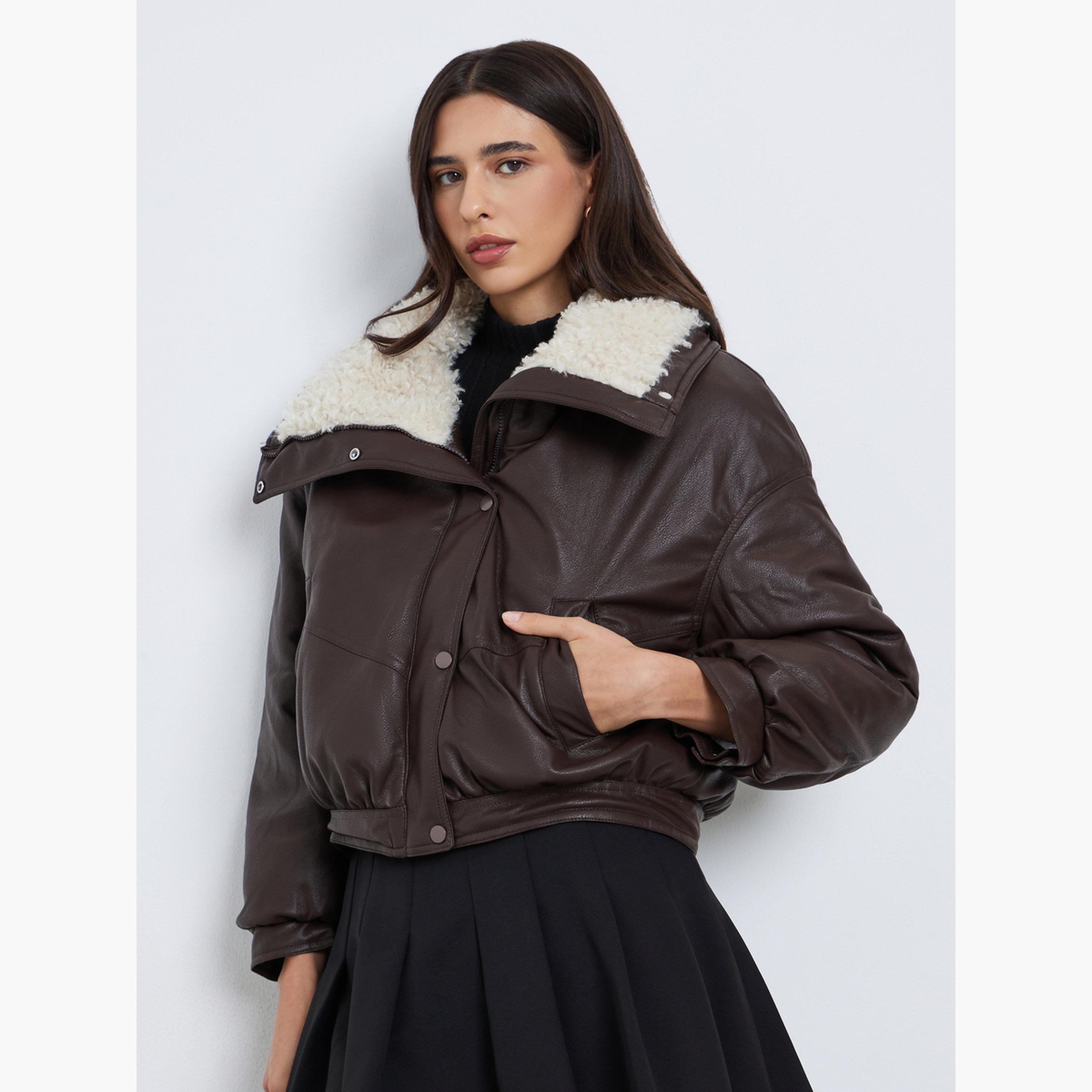 Styli Solid Collared Long Sleeves Women's Snap Button Bomber Jacket-women-winterwear-coatsandjackets-jackets-image-1
