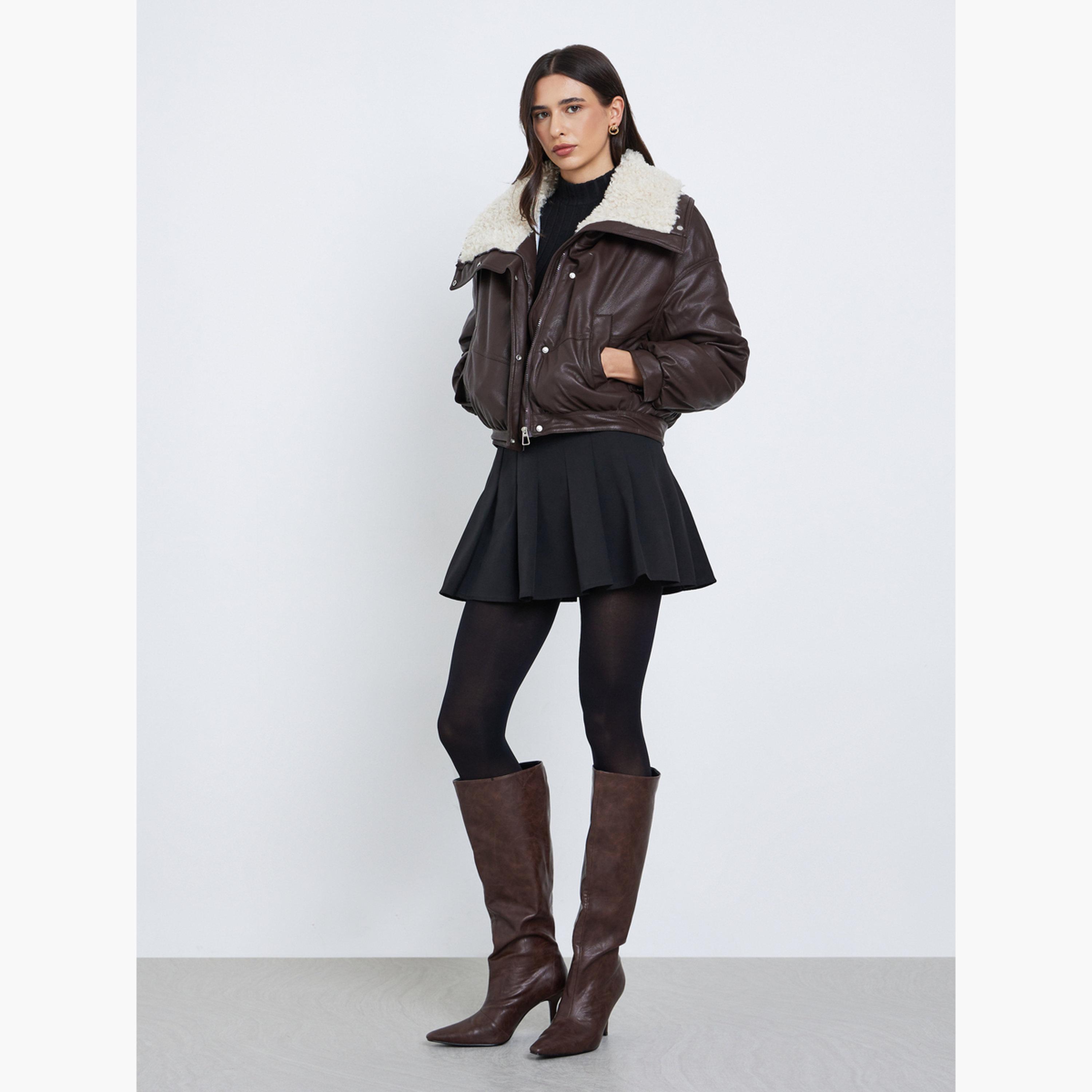 Styli Solid Collared Long Sleeves Women's Snap Button Bomber Jacket-women-winterwear-coatsandjackets-jackets-image-2
