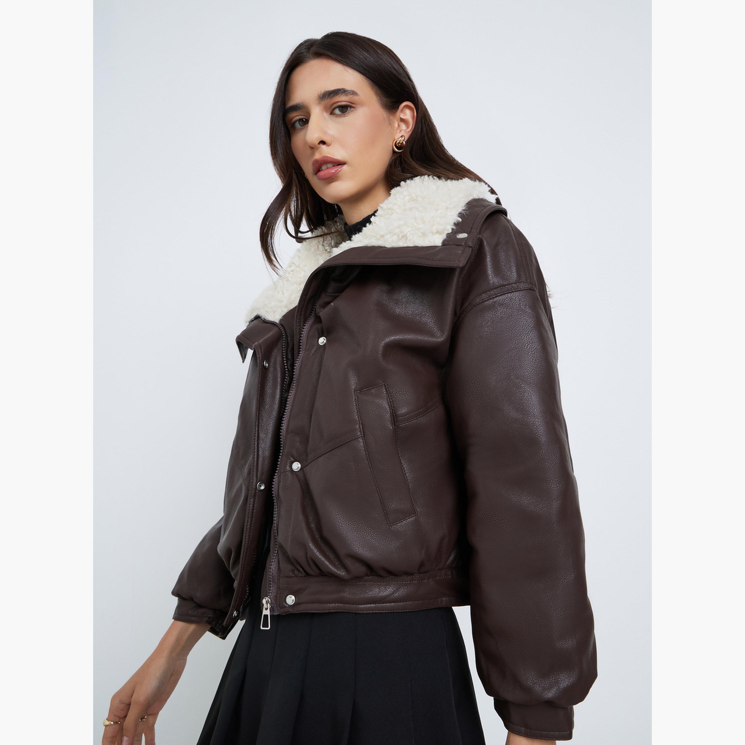Styli Solid Collared Long Sleeves Women's Snap Button Bomber Jacket-women-winterwear-coatsandjackets-jackets-image-3