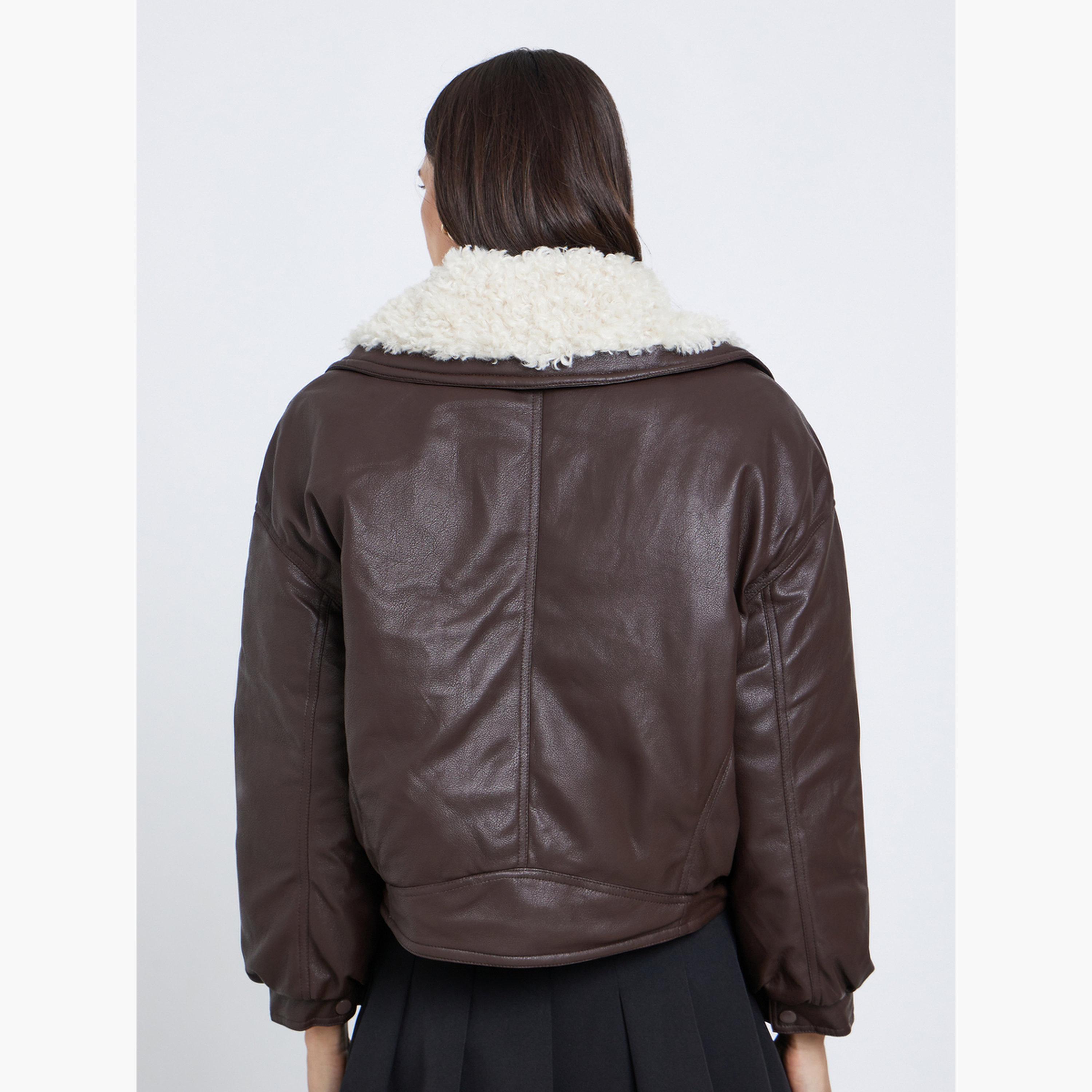 Styli Solid Collared Long Sleeves Women's Snap Button Bomber Jacket-women-winterwear-coatsandjackets-jackets-image-4
