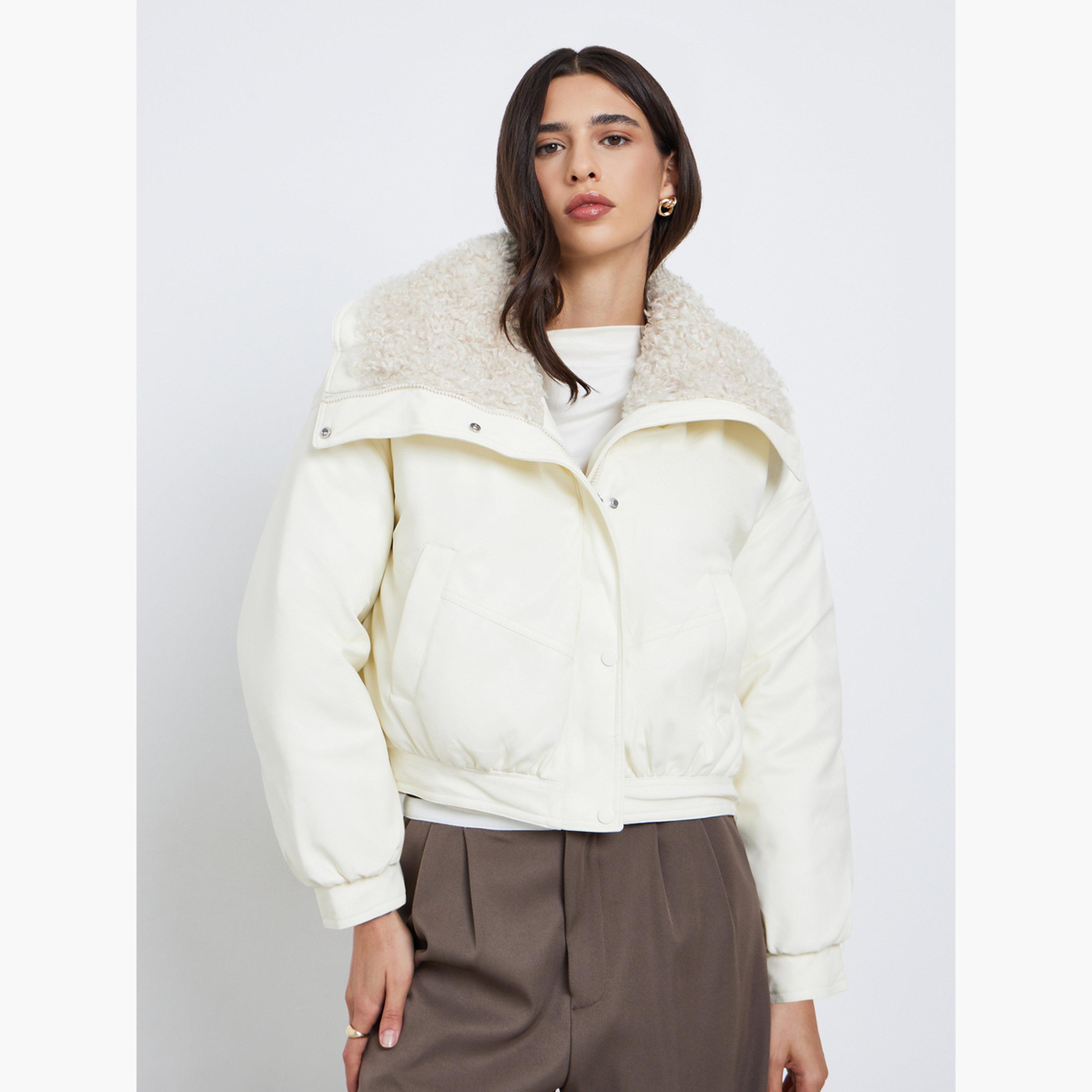 Styli Solid Collared Long Sleeves Women's Snap Button Bomber Jacket-women-winterwear-coatsandjackets-jackets-image-1