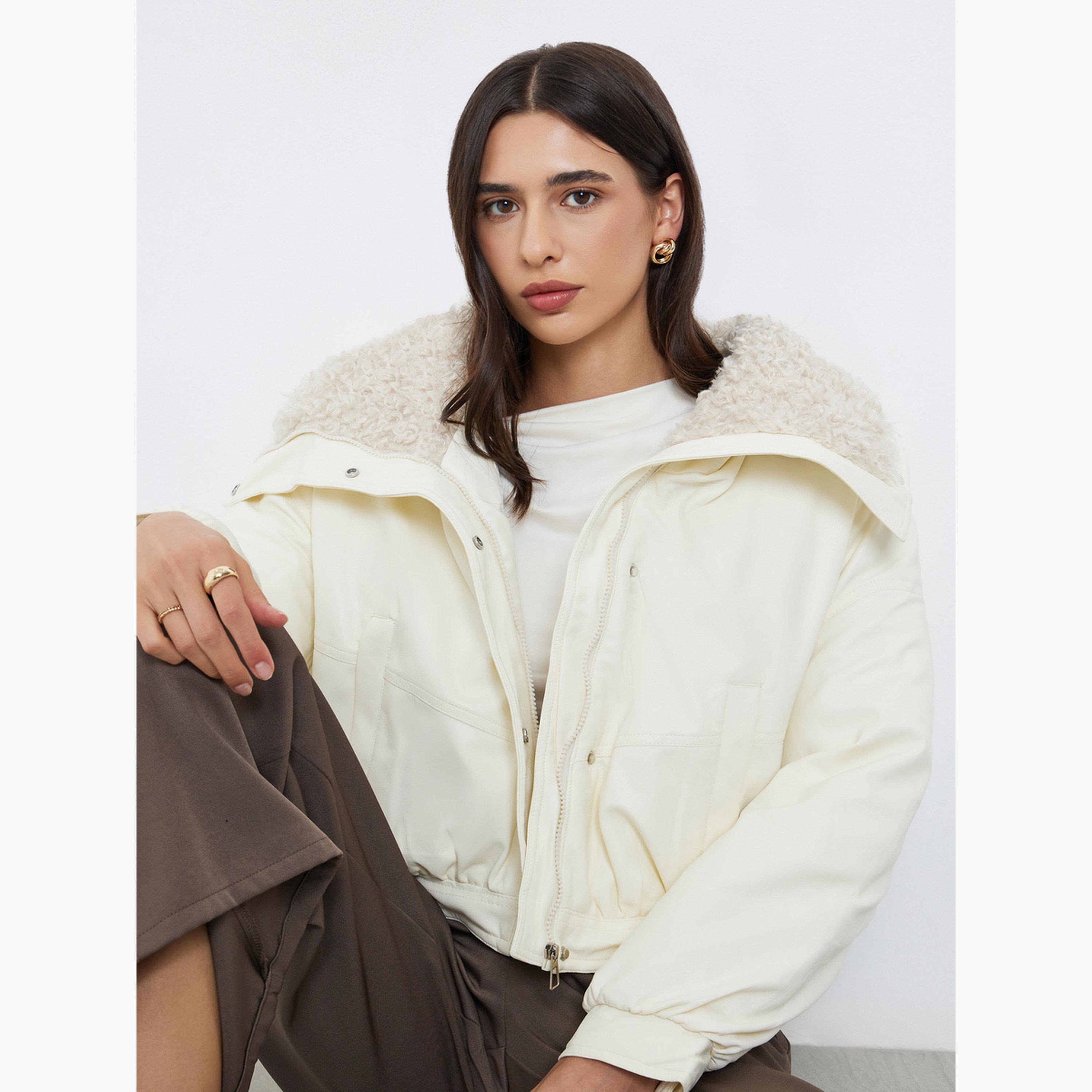 Styli Solid Collared Long Sleeves Women's Snap Button Bomber Jacket-women-winterwear-coatsandjackets-jackets-image-3