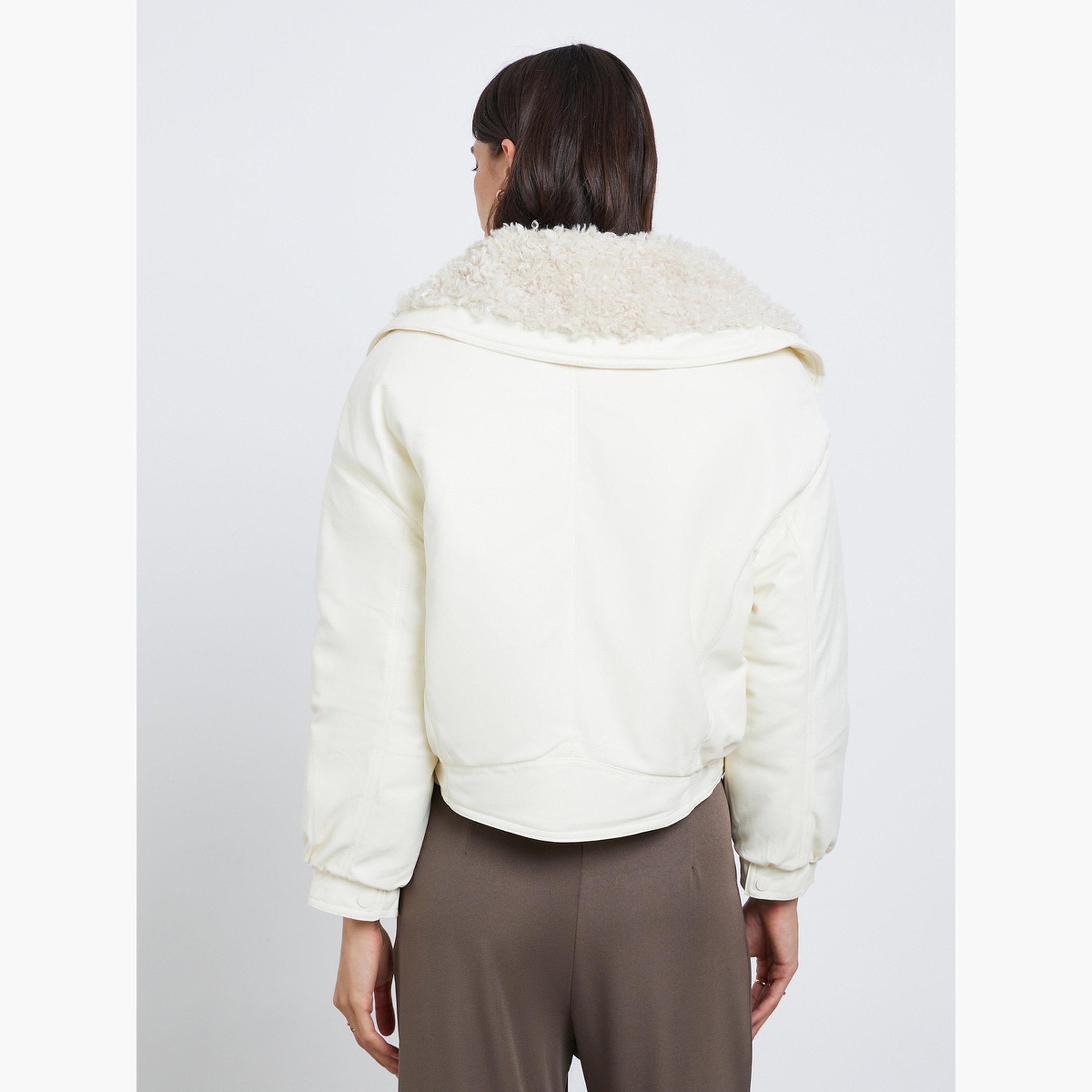 Styli Solid Collared Long Sleeves Women's Snap Button Bomber Jacket-women-winterwear-coatsandjackets-jackets-image-4