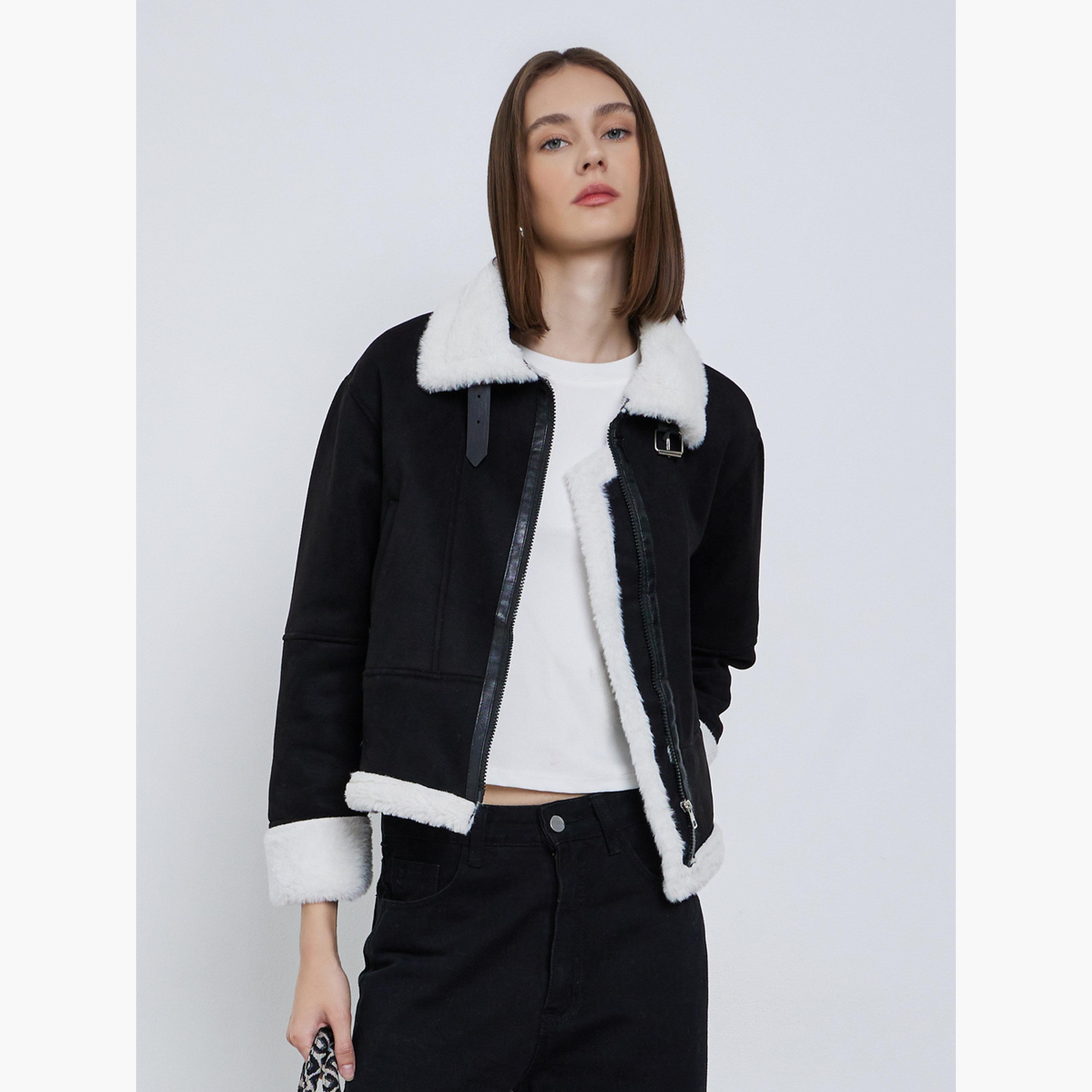 Styli Solid Collared Long Sleeves Women's Zip Through Aviator Jacket-women-winterwear-coatsandjackets-jackets-image-1