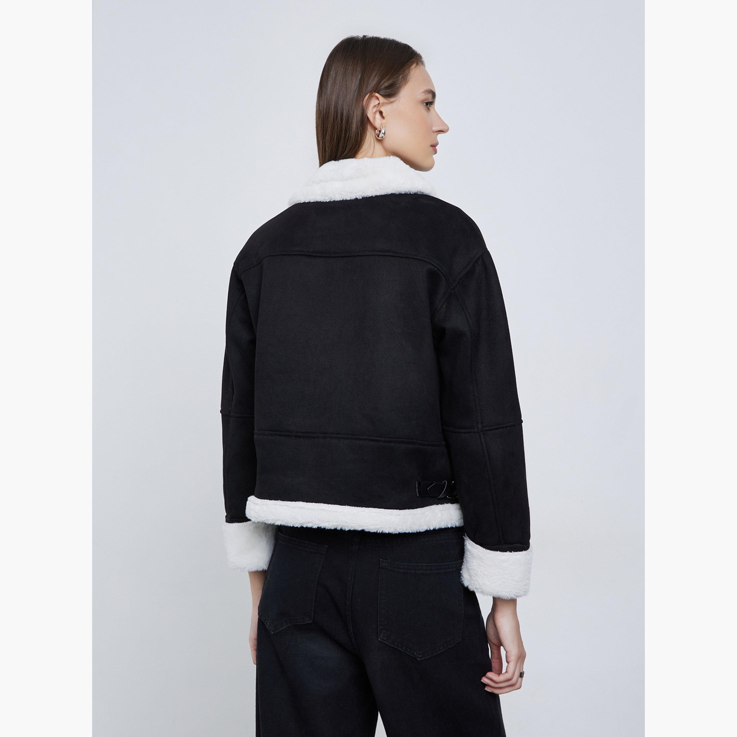 Styli Solid Collared Long Sleeves Women's Zip Through Aviator Jacket-women-winterwear-coatsandjackets-jackets-image-3