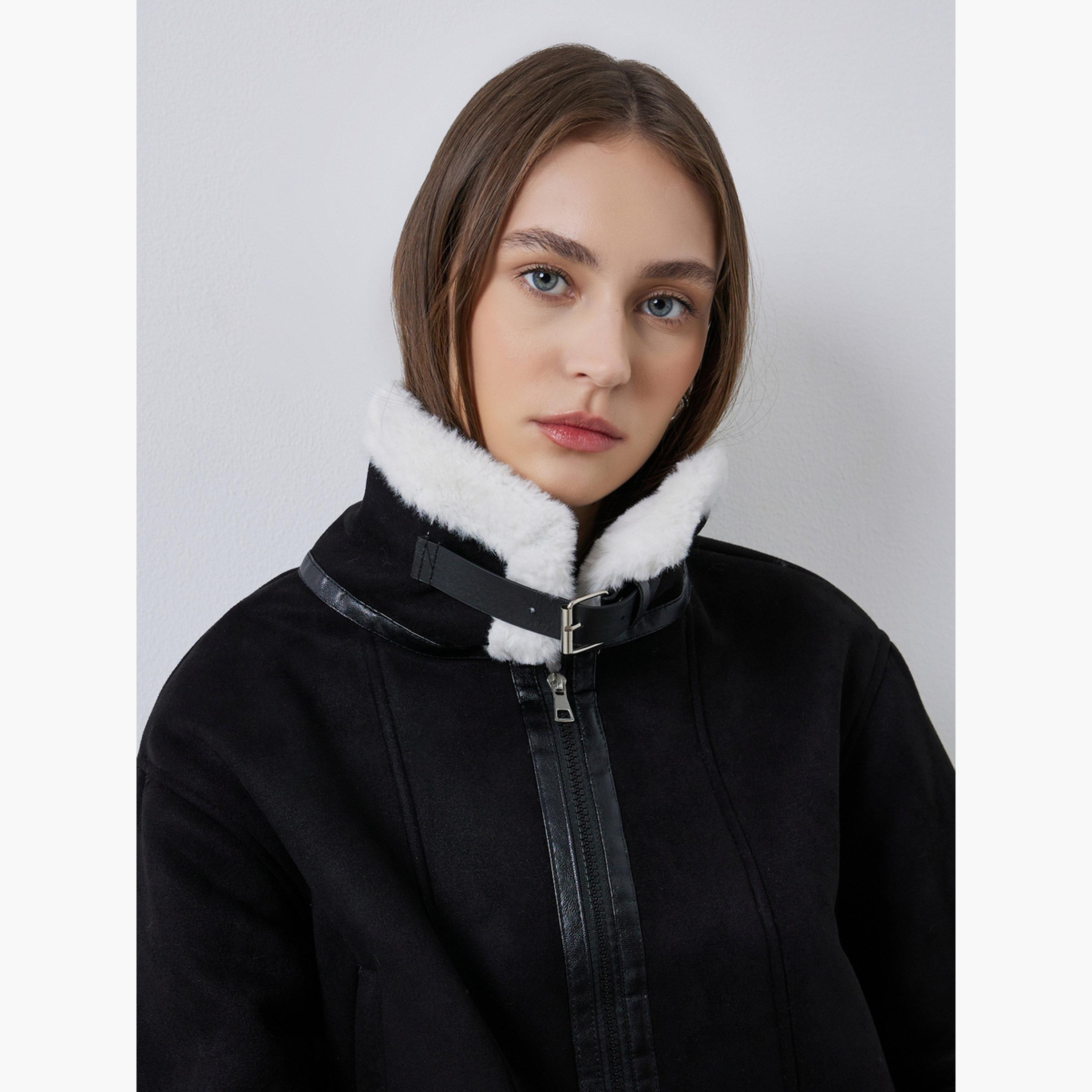 Styli Solid Collared Long Sleeves Women's Zip Through Aviator Jacket-women-winterwear-coatsandjackets-jackets-image-4
