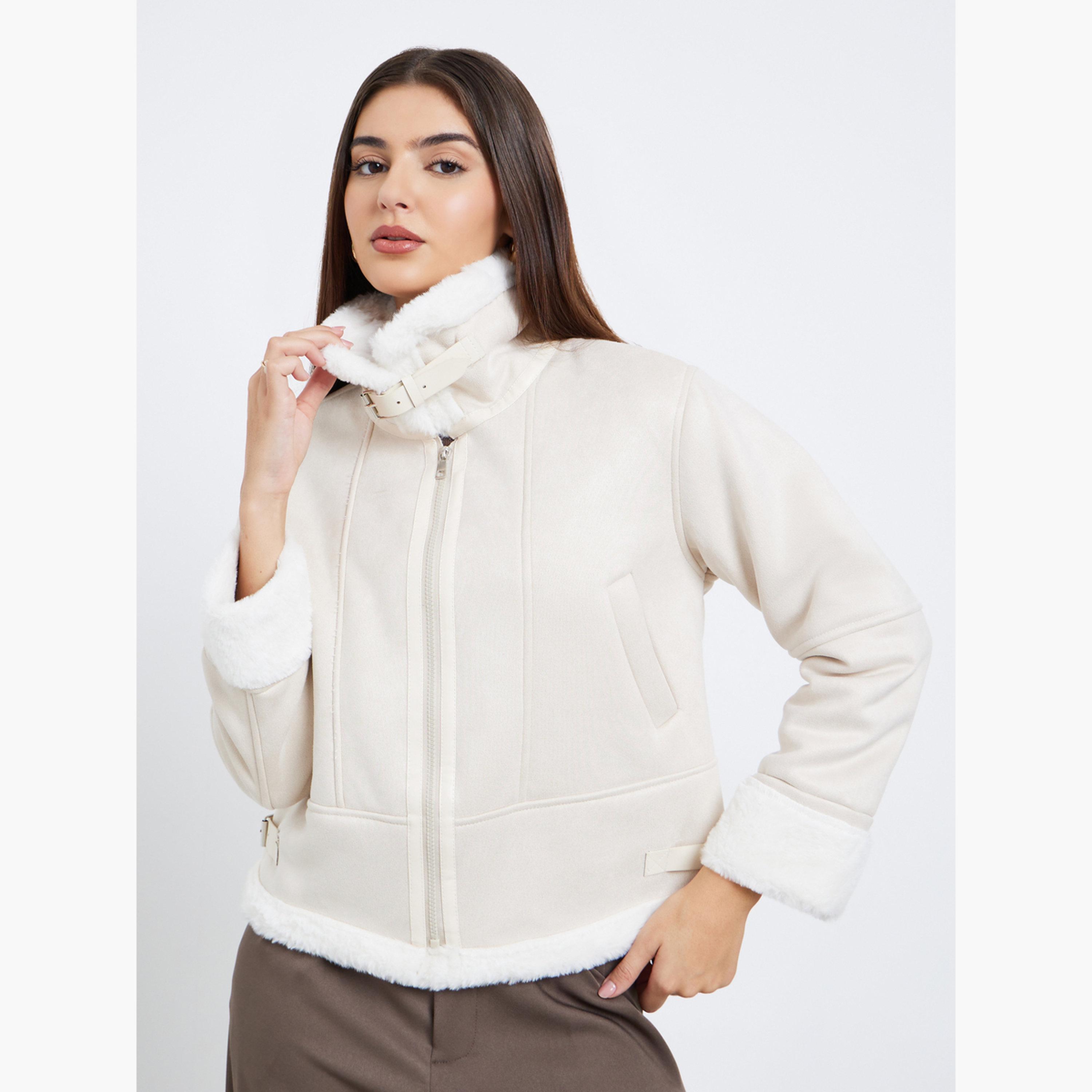Styli Solid Collared Long Sleeves Women's Zip Through Aviator Jacket-women-winterwear-coatsandjackets-jackets-image-1