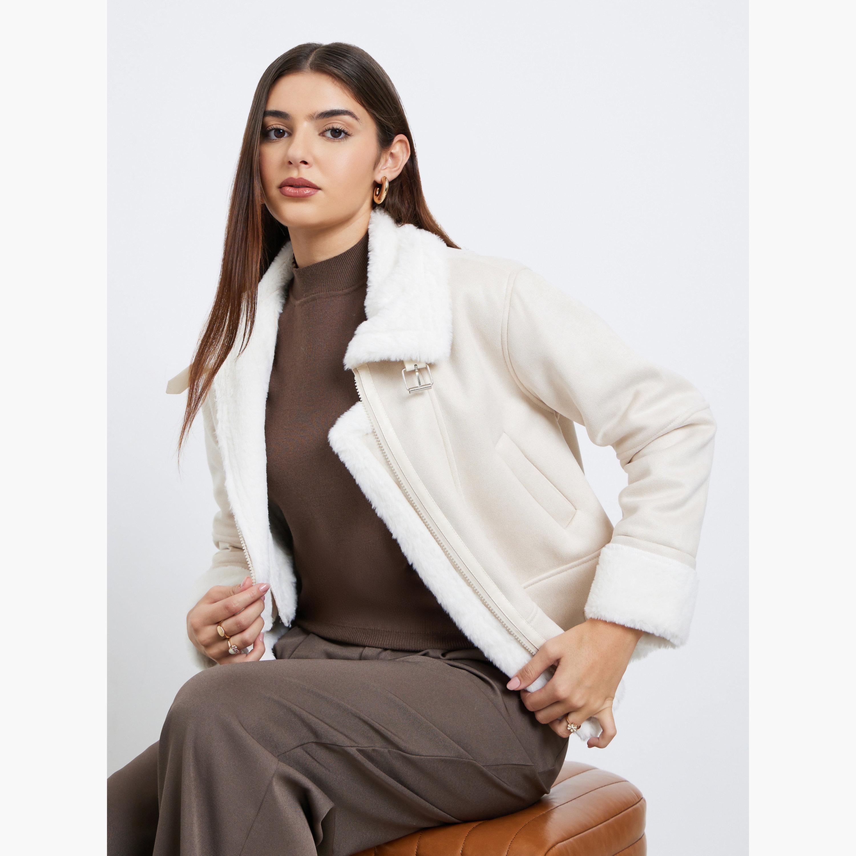 Styli Solid Collared Long Sleeves Women's Zip Through Aviator Jacket-women-winterwear-coatsandjackets-jackets-image-3