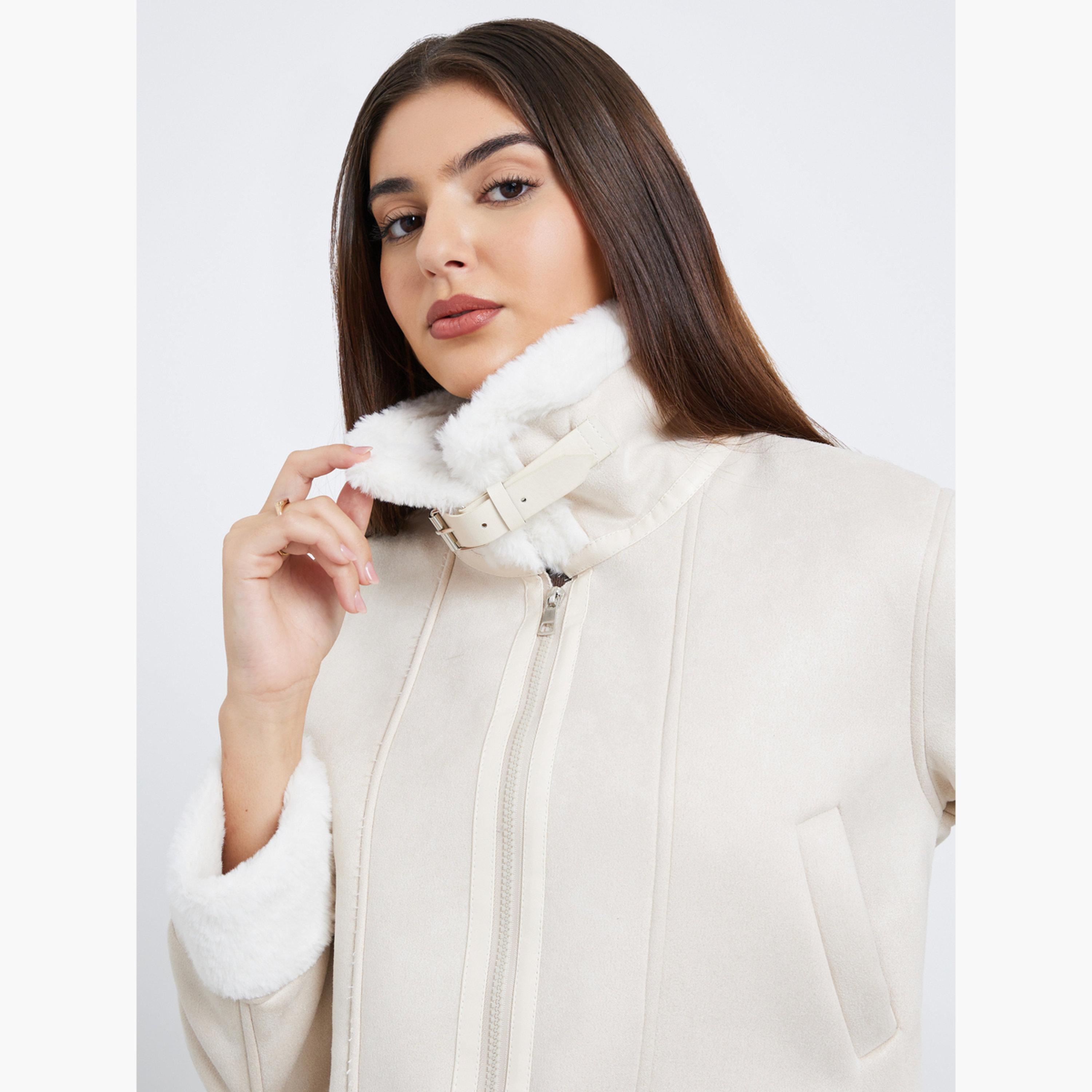 Styli Solid Collared Long Sleeves Women's Zip Through Aviator Jacket-women-winterwear-coatsandjackets-jackets-image-4