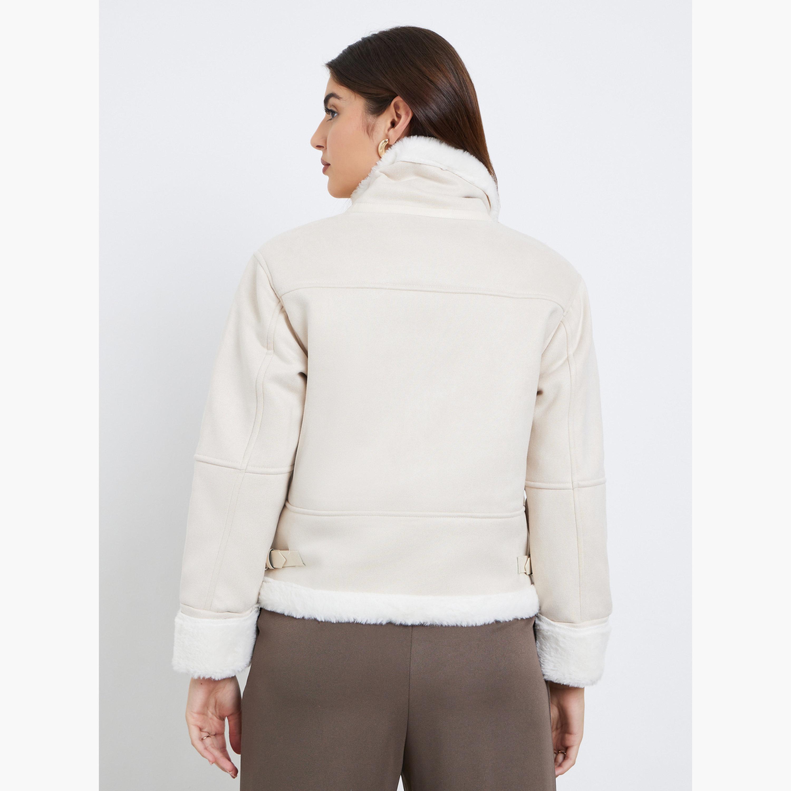 Styli Solid Collared Long Sleeves Women's Zip Through Aviator Jacket-women-winterwear-coatsandjackets-jackets-image-5