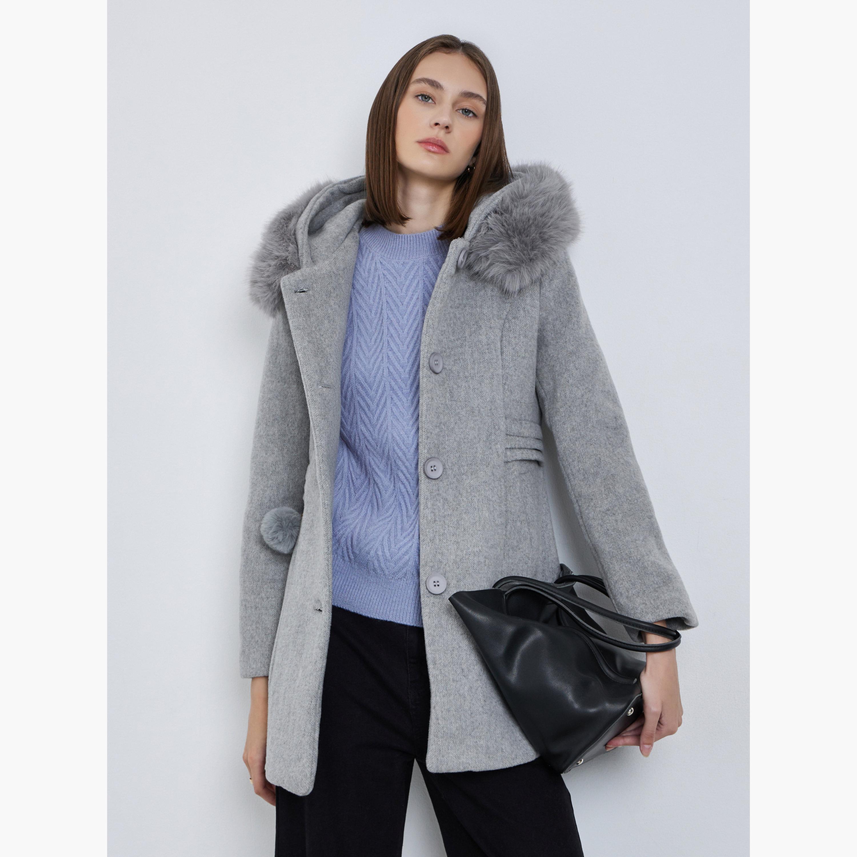 Styli Grey Faux Fur Hooded Neck Long Sleeves Women's Buttoned Longline Wool Like Coat-women-winterwear-coatsandjackets-coats-image-1