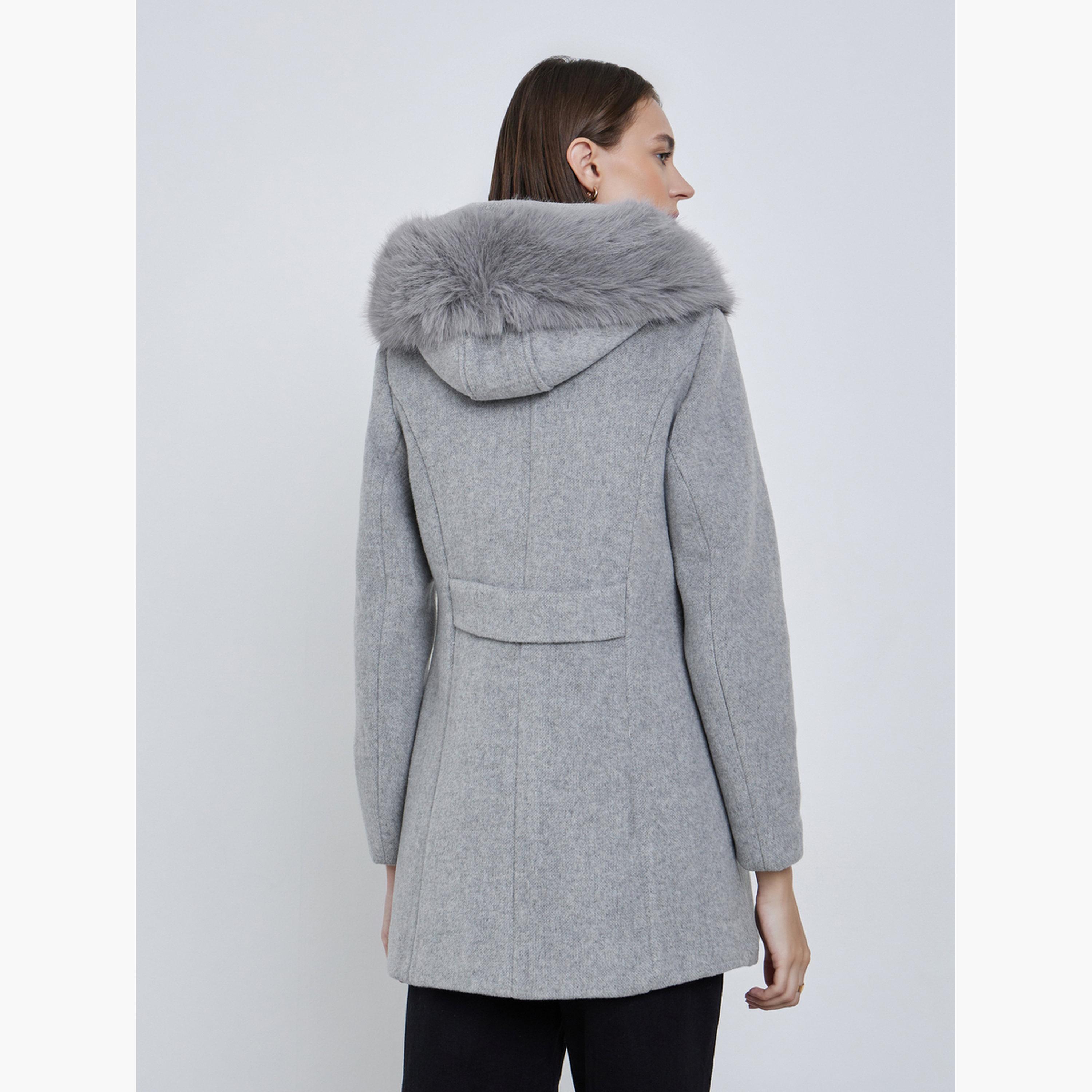 Styli Grey Faux Fur Hooded Neck Long Sleeves Women's Buttoned Longline Wool Like Coat-women-winterwear-coatsandjackets-coats-image-2