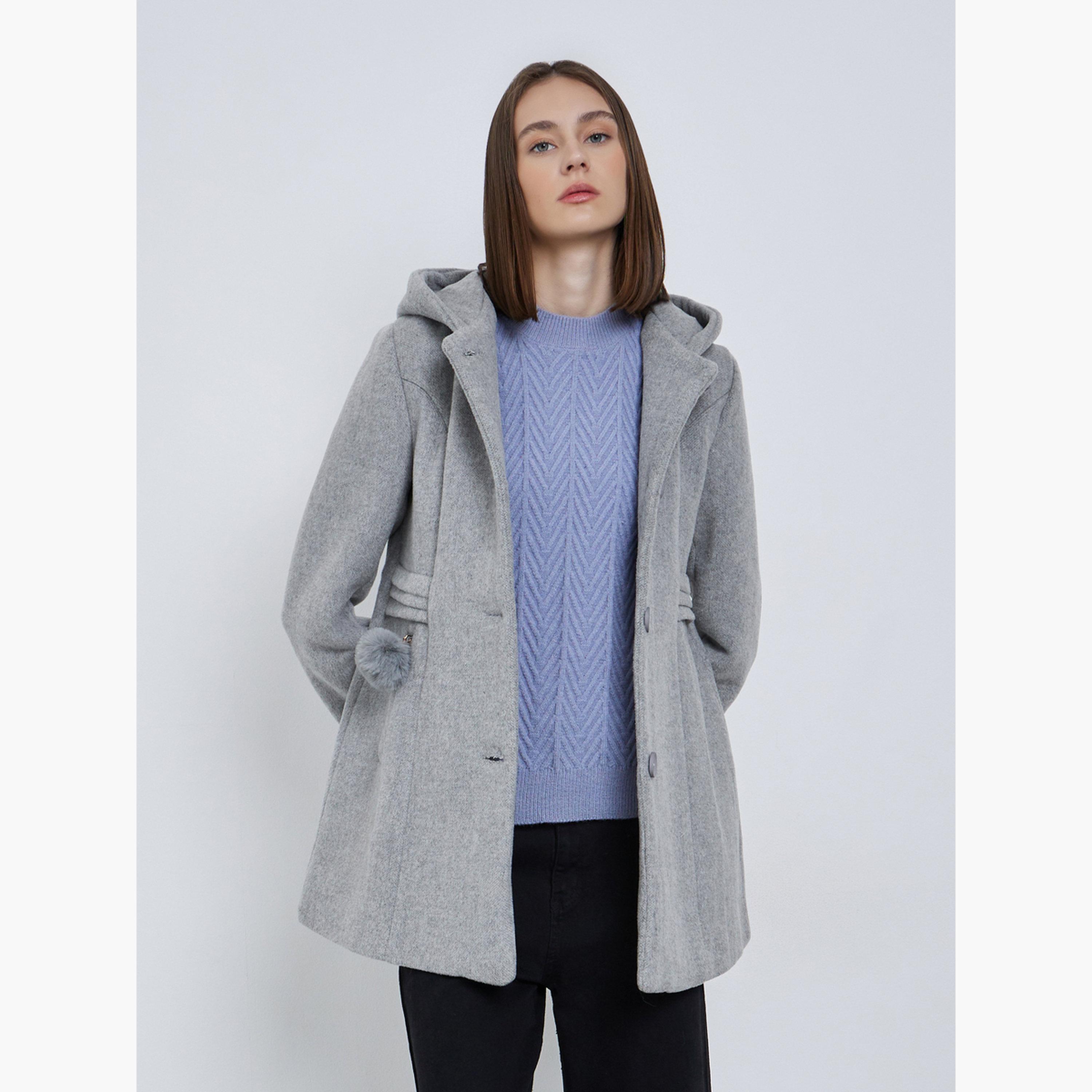Styli Grey Faux Fur Hooded Neck Long Sleeves Women's Buttoned Longline Wool Like Coat-women-winterwear-coatsandjackets-coats-image-3