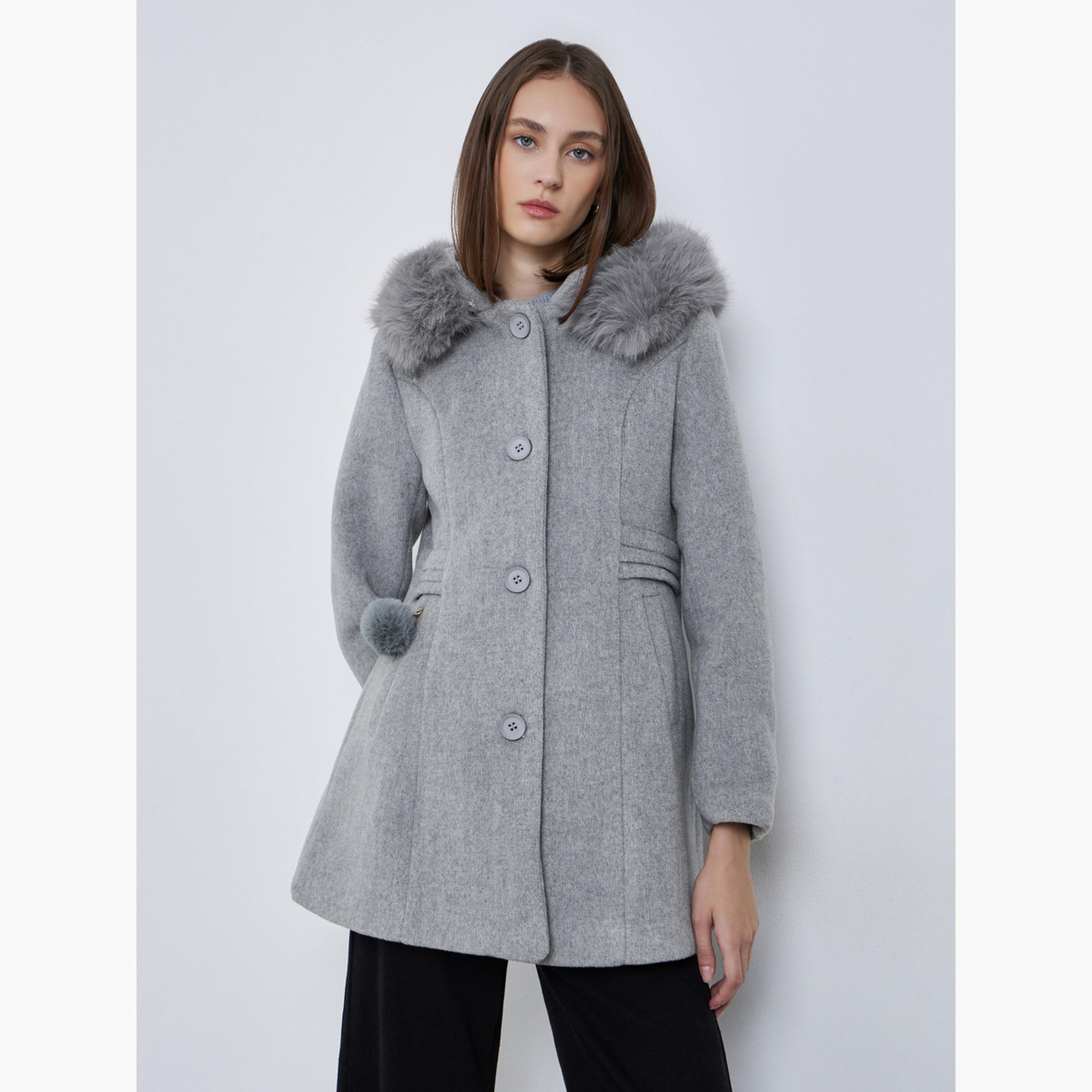 Styli Grey Faux Fur Hooded Neck Long Sleeves Women's Buttoned Longline Wool Like Coat-women-winterwear-coatsandjackets-coats-image-4