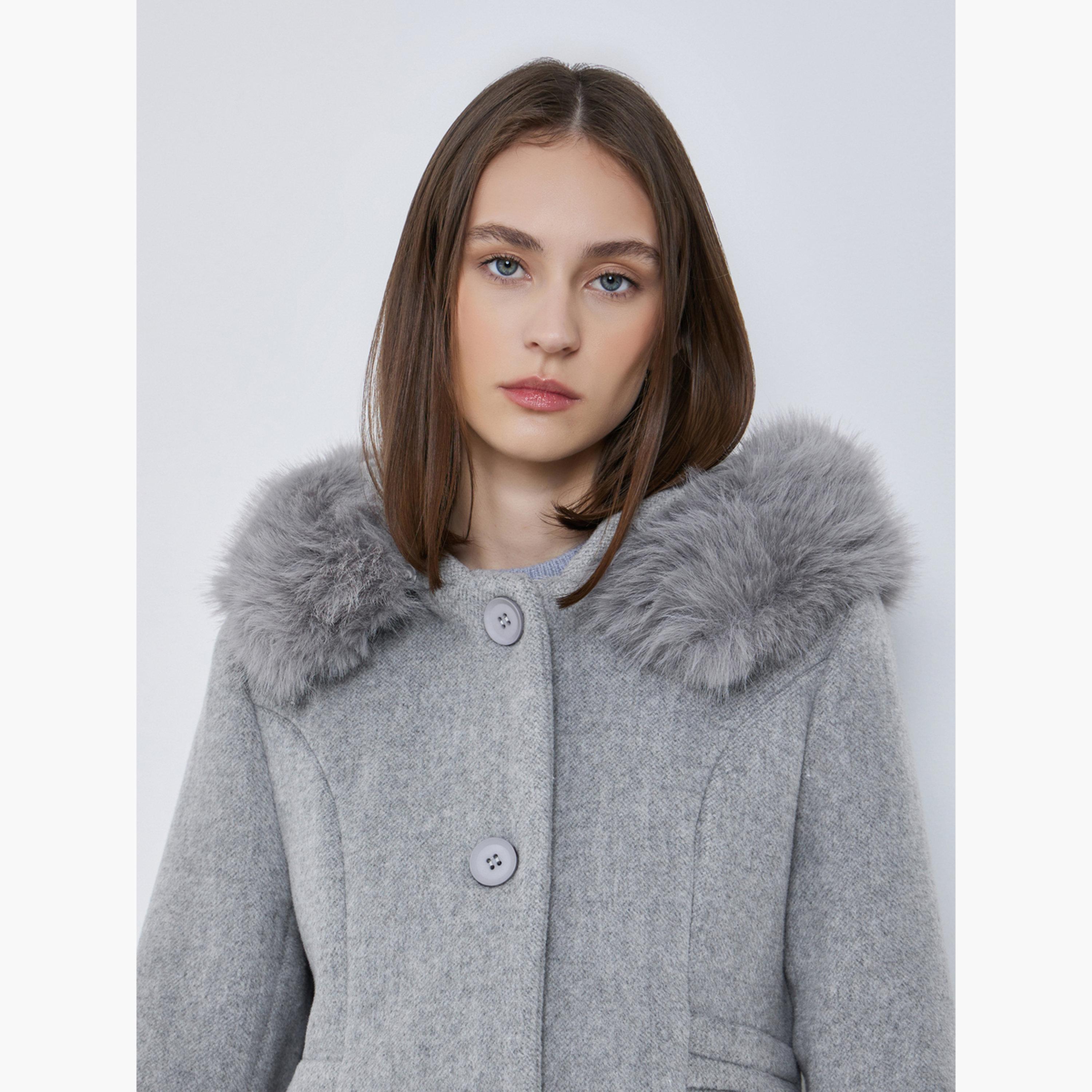 Styli Grey Faux Fur Hooded Neck Long Sleeves Women's Buttoned Longline Wool Like Coat-women-winterwear-coatsandjackets-coats-image-5