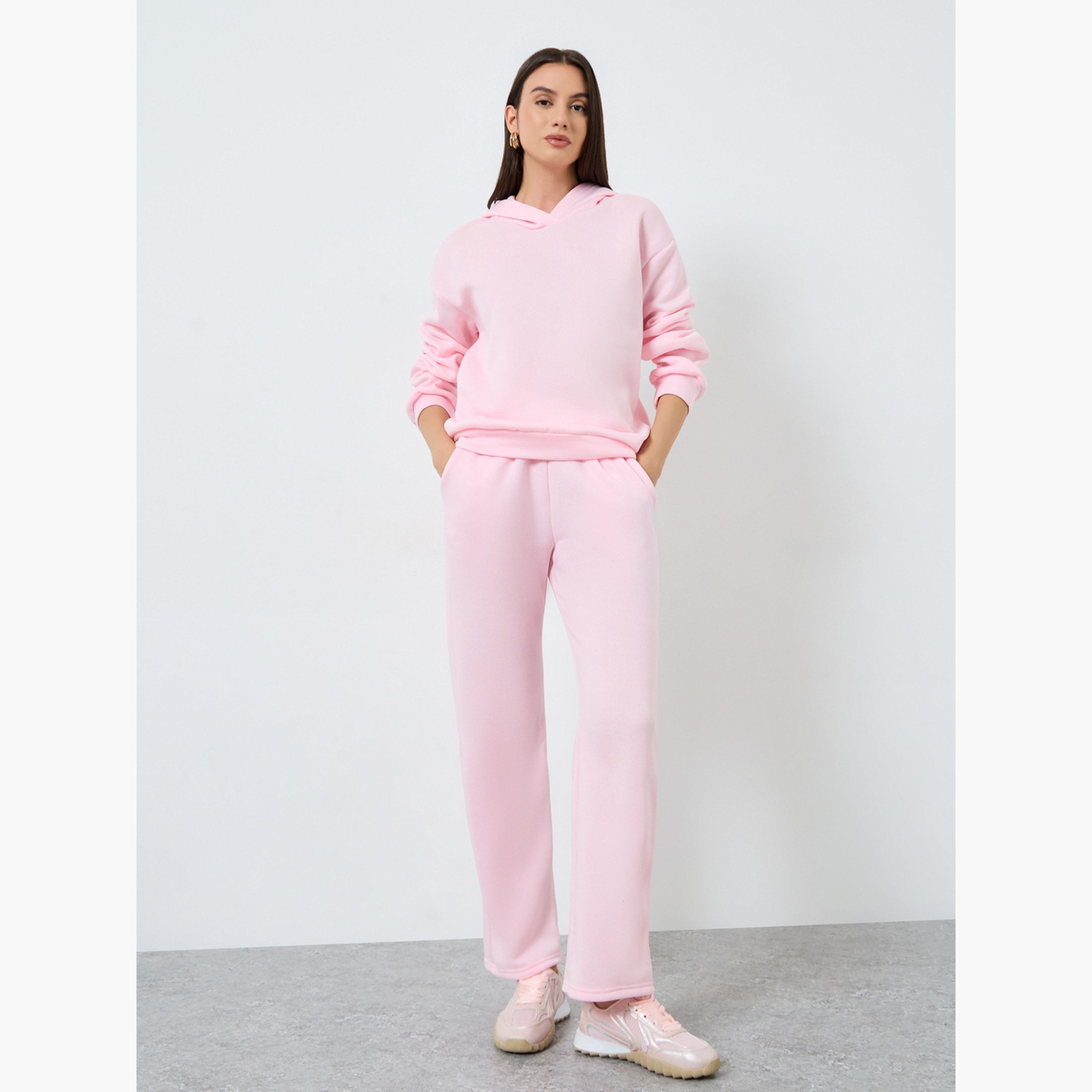 ستايلي - هودي وردي سادة مع بنطال رياضي برباط للنساء-women-clothing-coordsets-image-1