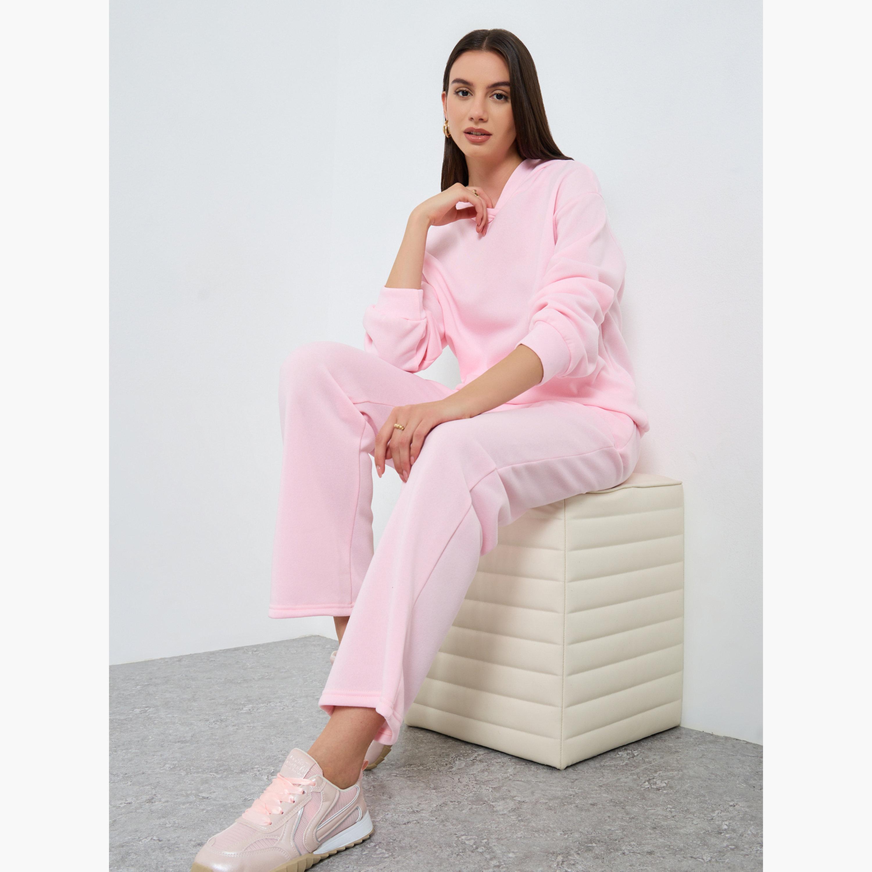ستايلي - هودي وردي سادة مع بنطال رياضي برباط للنساء-women-clothing-coordsets-image-2