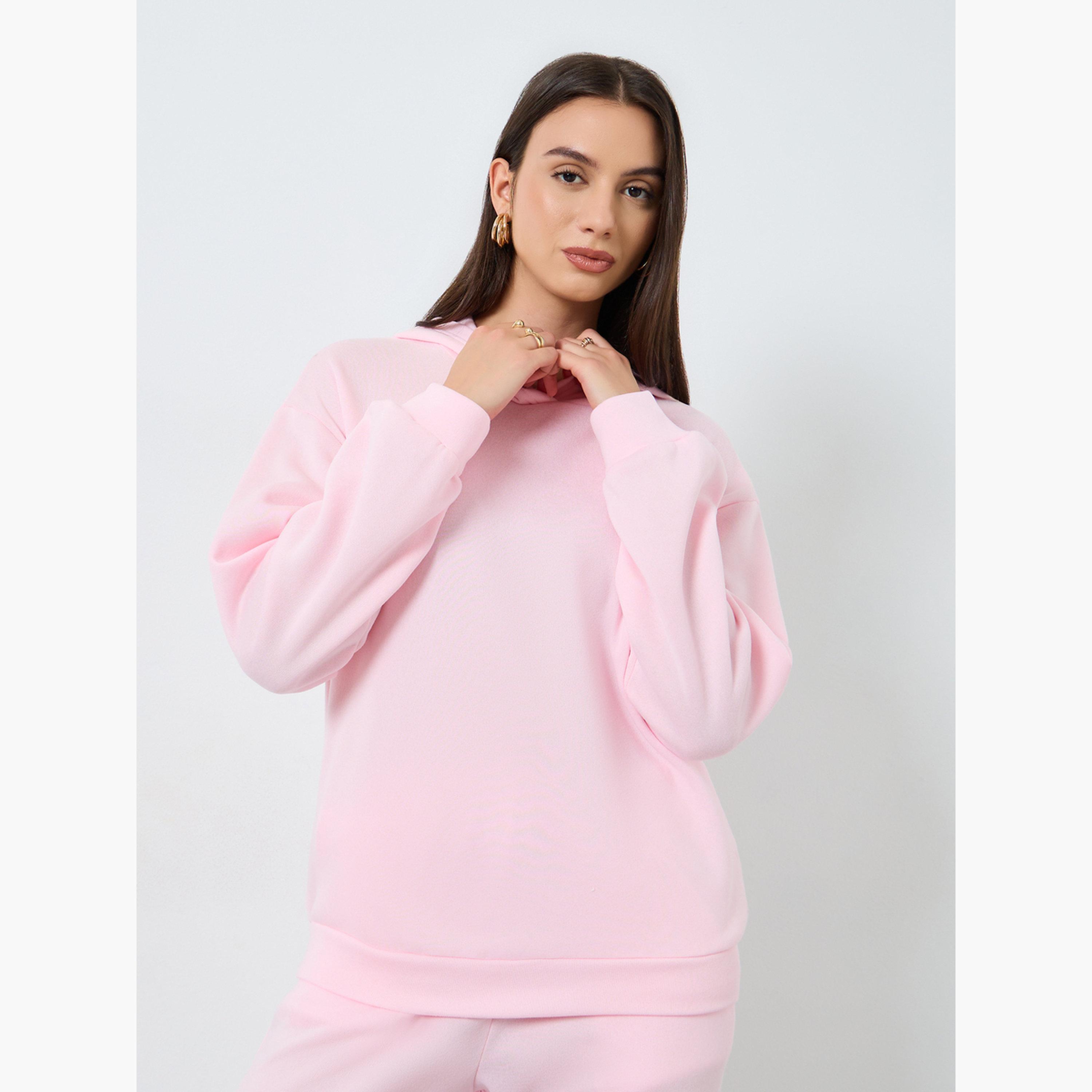 Styli Women Pink Solid Hoodie and Drawstring Joggers Co-Ords-women-clothing-coordsets-image-3