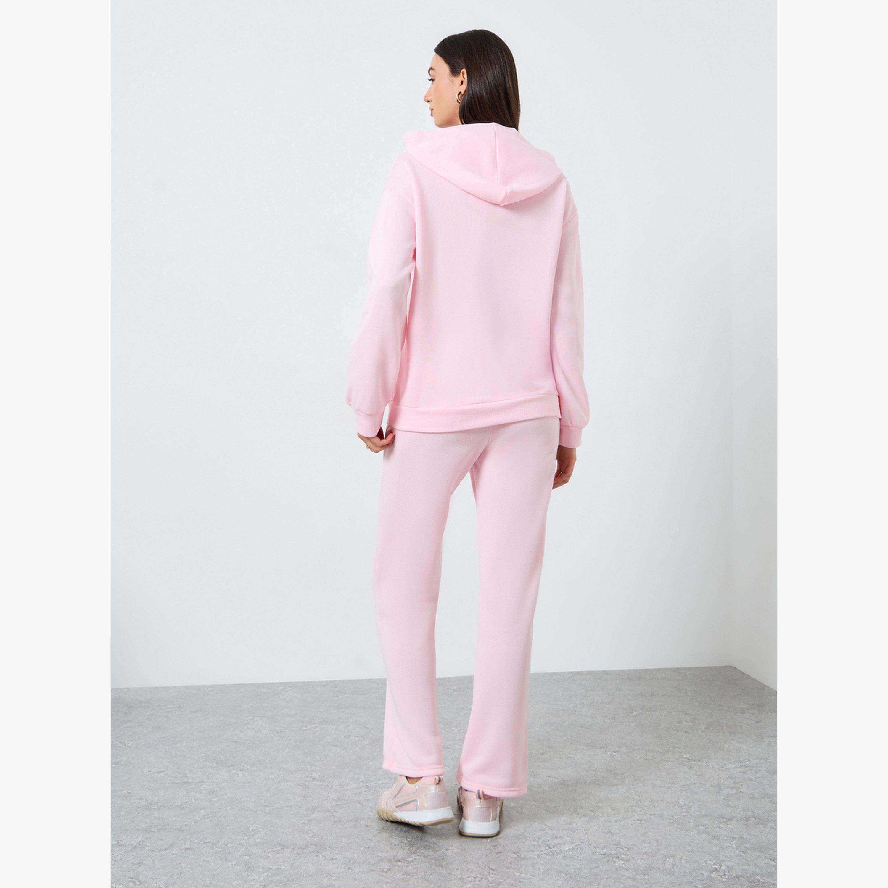 ستايلي - هودي وردي سادة مع بنطال رياضي برباط للنساء-women-clothing-coordsets-image-4