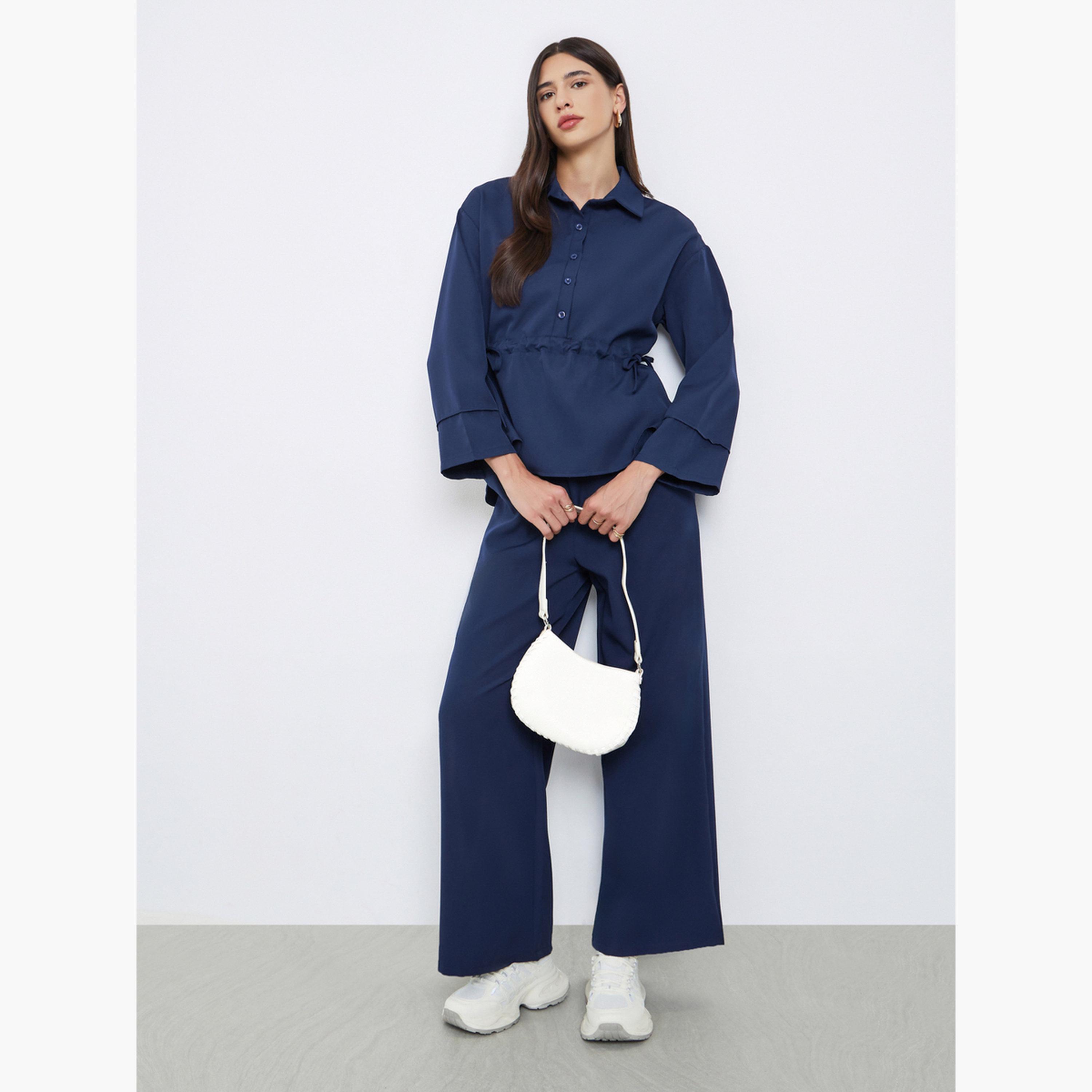 ستايلي - قميص وبنطال بتصميم متناسق مع رباط لون أزرق داكن للنساء-women-clothing-coordsets-image-1