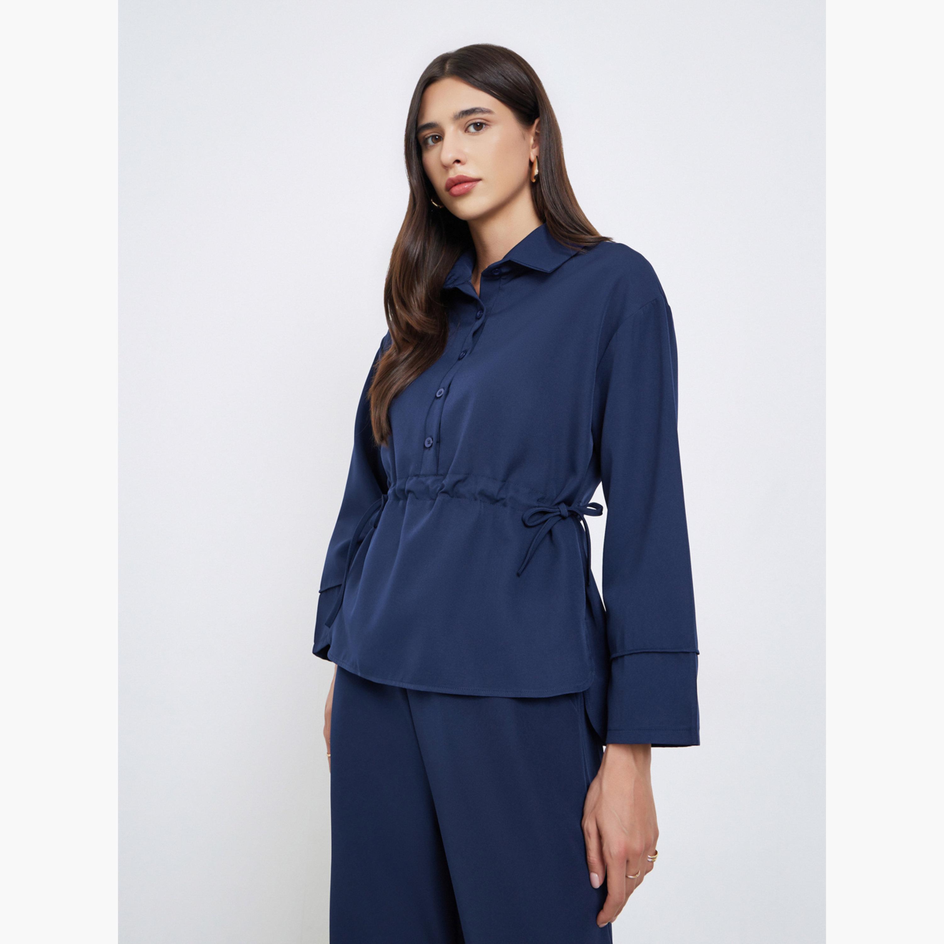 ستايلي - قميص وبنطال بتصميم متناسق مع رباط لون أزرق داكن للنساء-women-clothing-coordsets-image-2