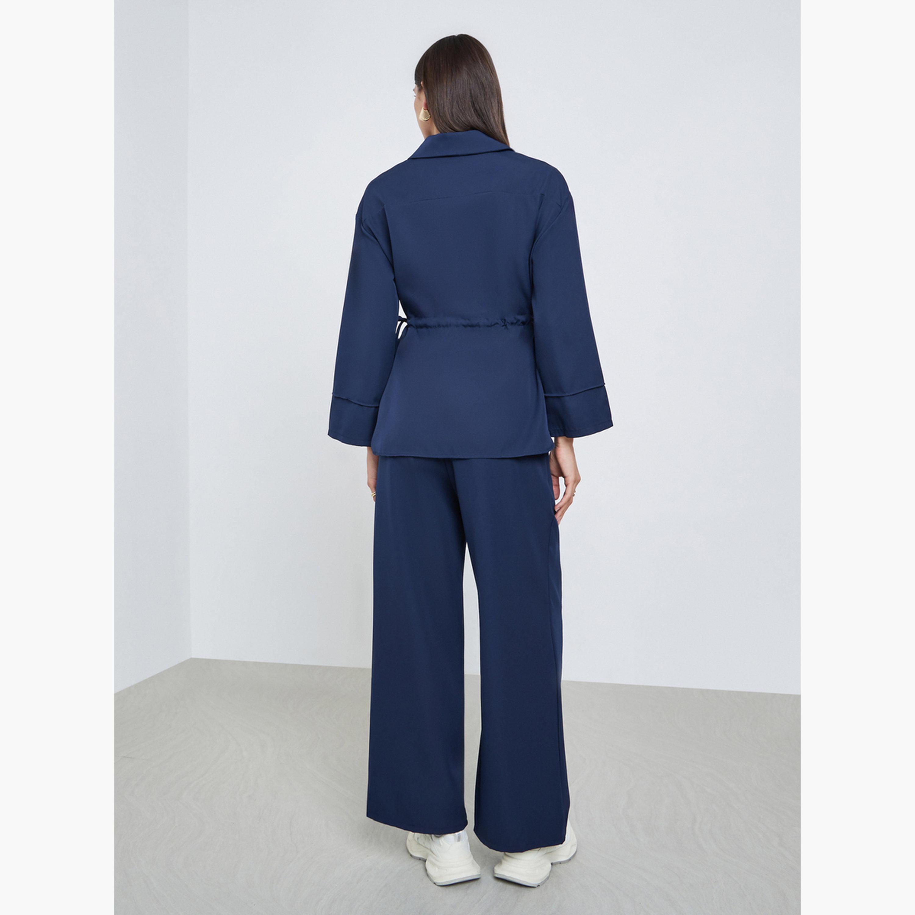 ستايلي - قميص وبنطال بتصميم متناسق مع رباط لون أزرق داكن للنساء-women-clothing-coordsets-image-3