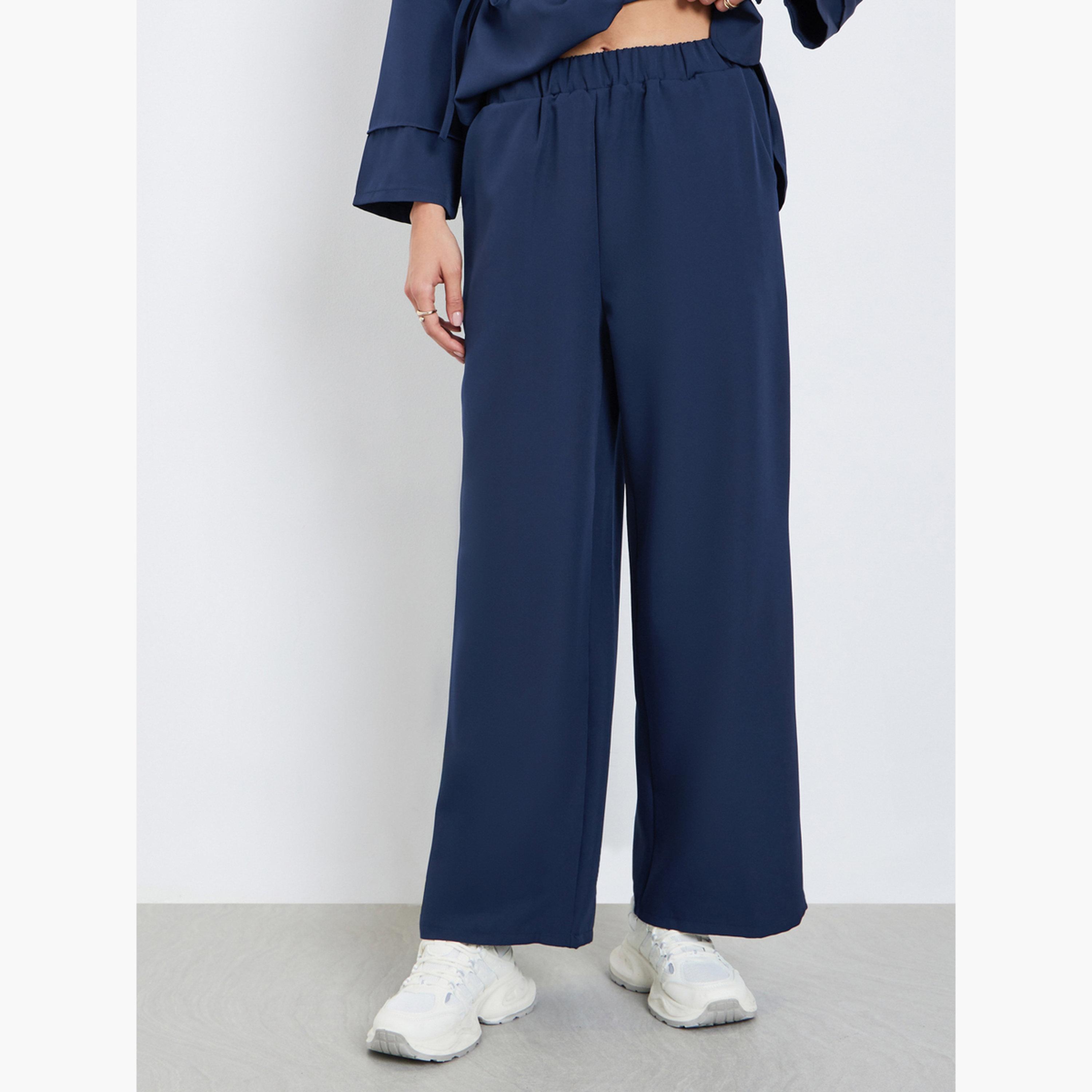 ستايلي - قميص وبنطال بتصميم متناسق مع رباط لون أزرق داكن للنساء-women-clothing-coordsets-image-4