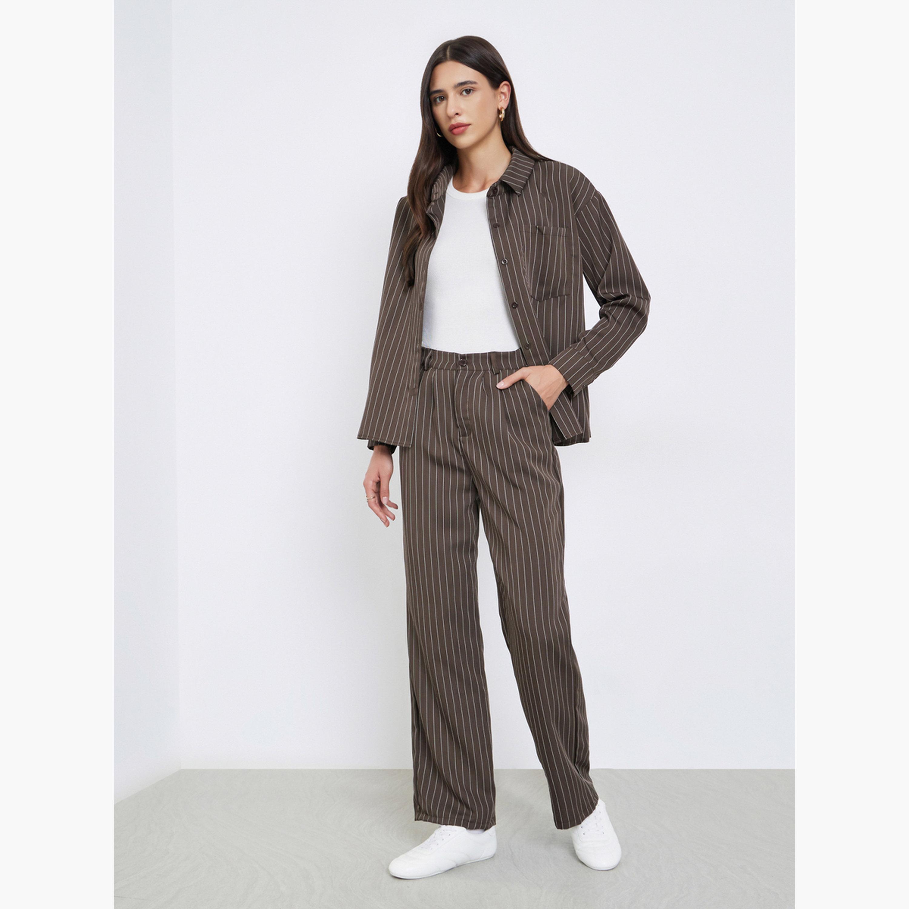 ستايلي - قميص وبنطال مخططان باللون البني بقصّة عادية للنساء-women-clothing-coordsets-image-1