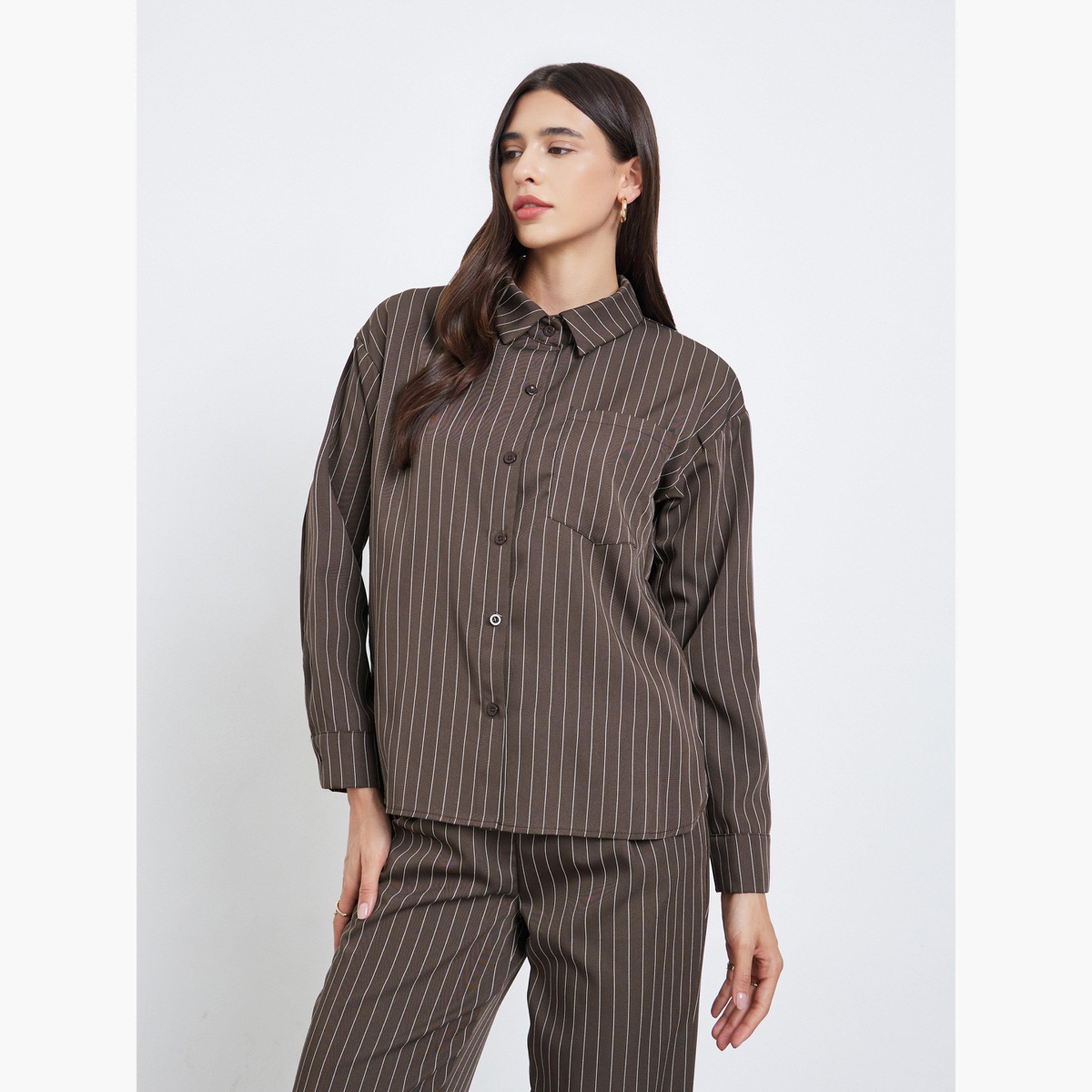 ستايلي - قميص وبنطال مخططان باللون البني بقصّة عادية للنساء-women-clothing-coordsets-image-2
