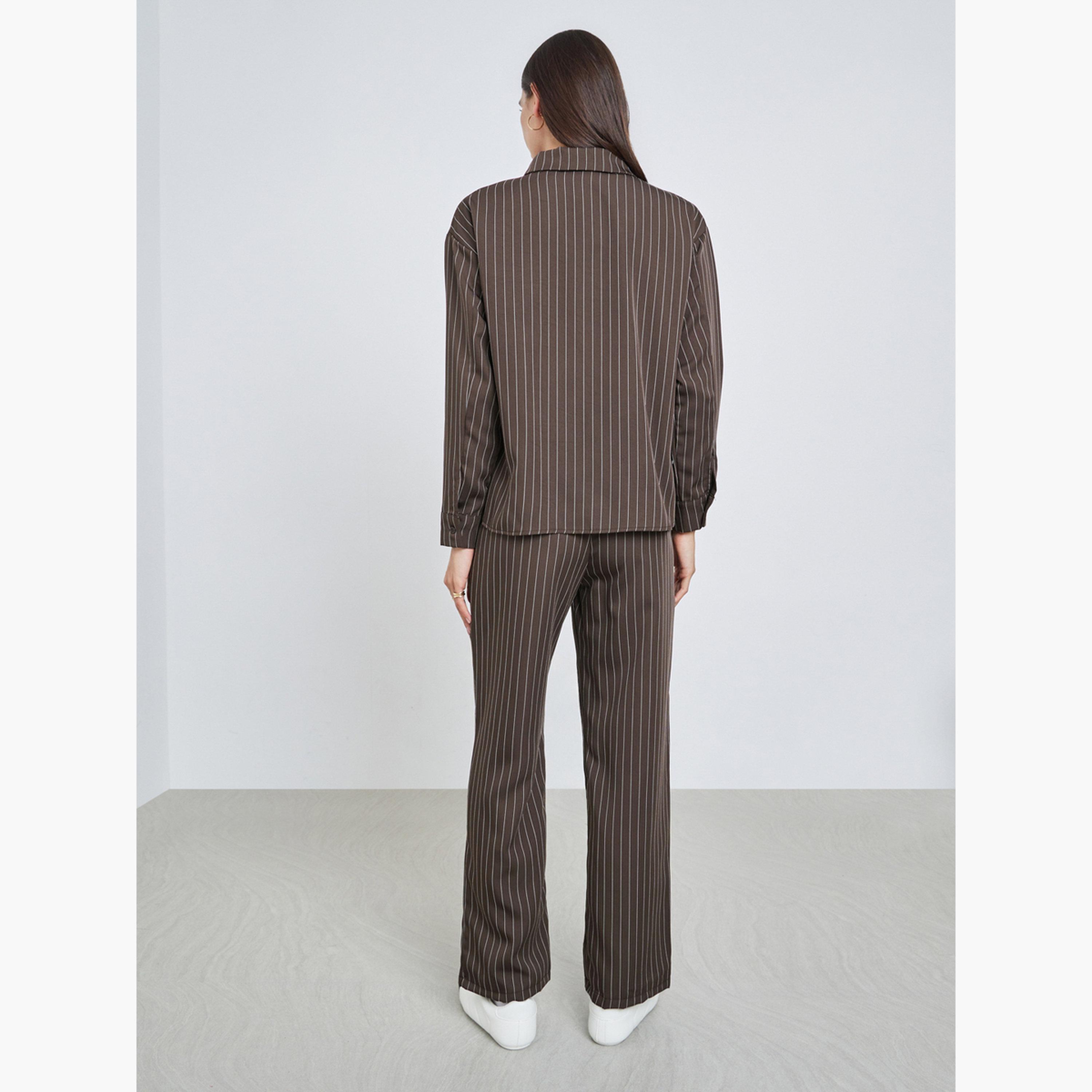 ستايلي - قميص وبنطال مخططان باللون البني بقصّة عادية للنساء-women-clothing-coordsets-image-3