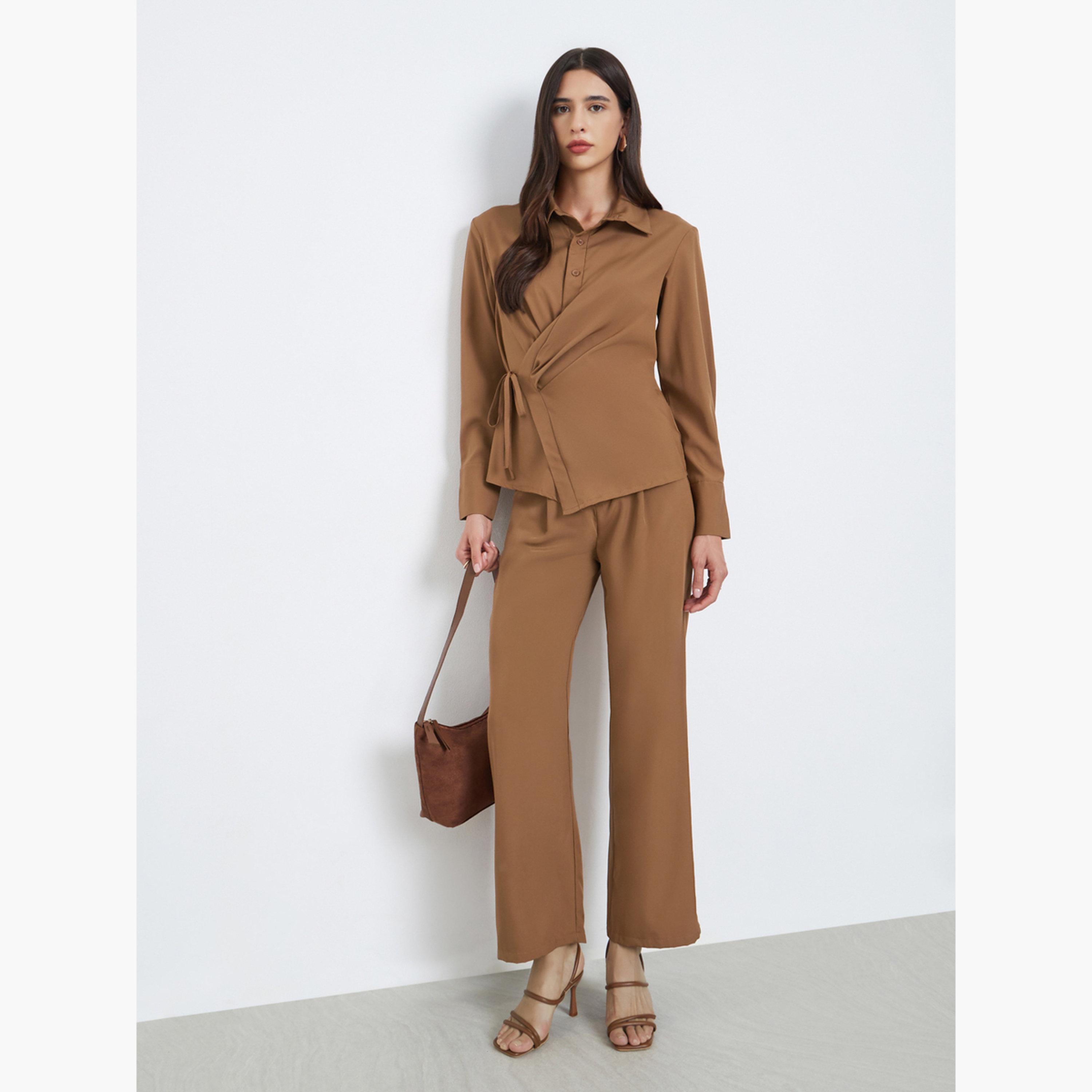 ستايلي - قميص بني غير متماثل ملفوف مع بنطال للنساء-women-clothing-coordsets-image-1