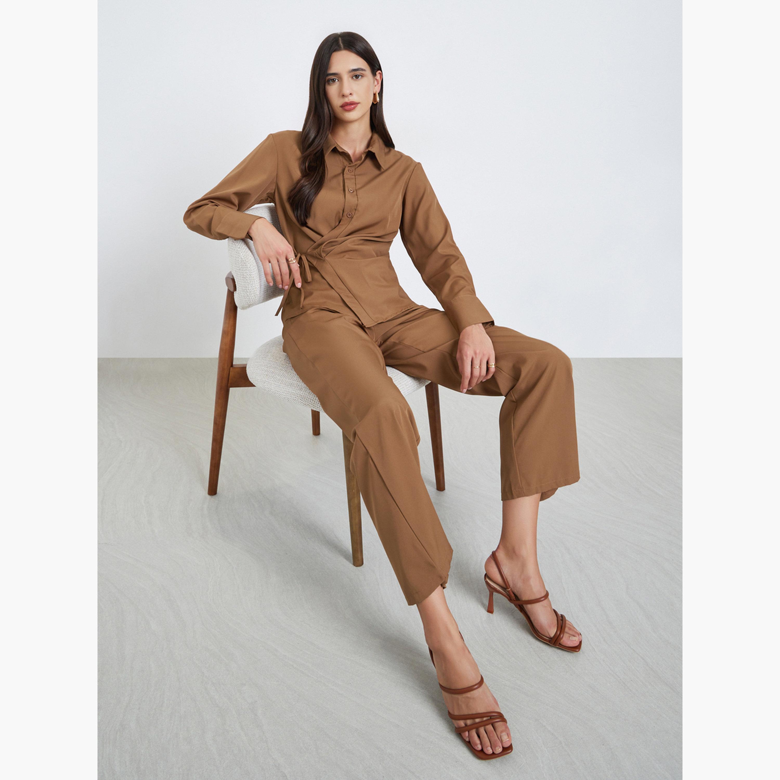 ستايلي - قميص بني غير متماثل ملفوف مع بنطال للنساء-women-clothing-coordsets-image-2