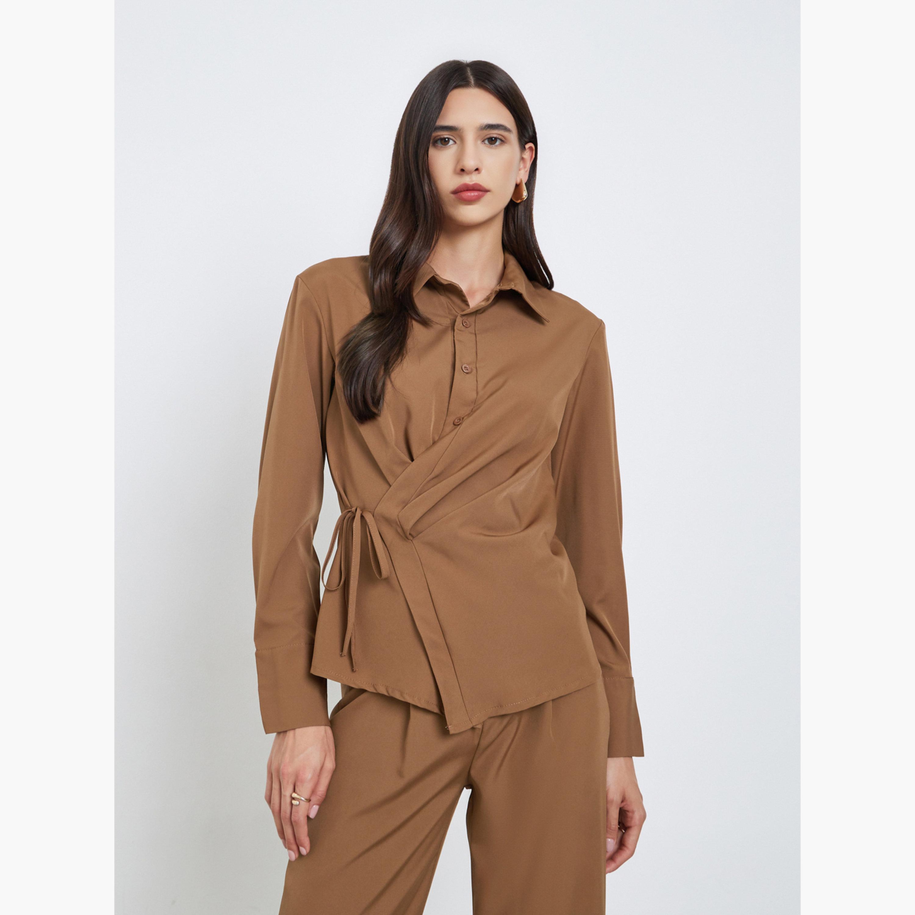 ستايلي - قميص بني غير متماثل ملفوف مع بنطال للنساء-women-clothing-coordsets-image-3