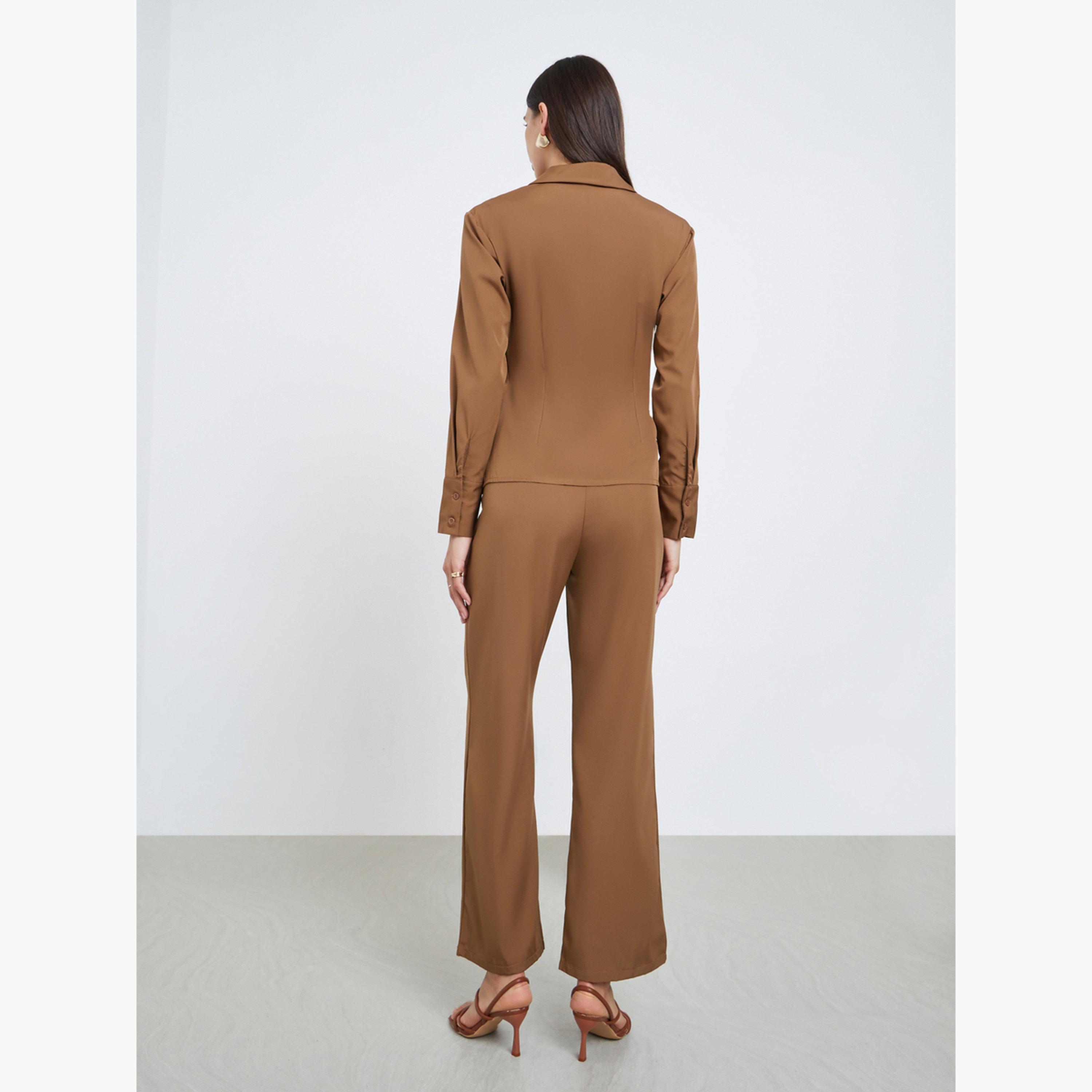 ستايلي - قميص بني غير متماثل ملفوف مع بنطال للنساء-women-clothing-coordsets-image-4