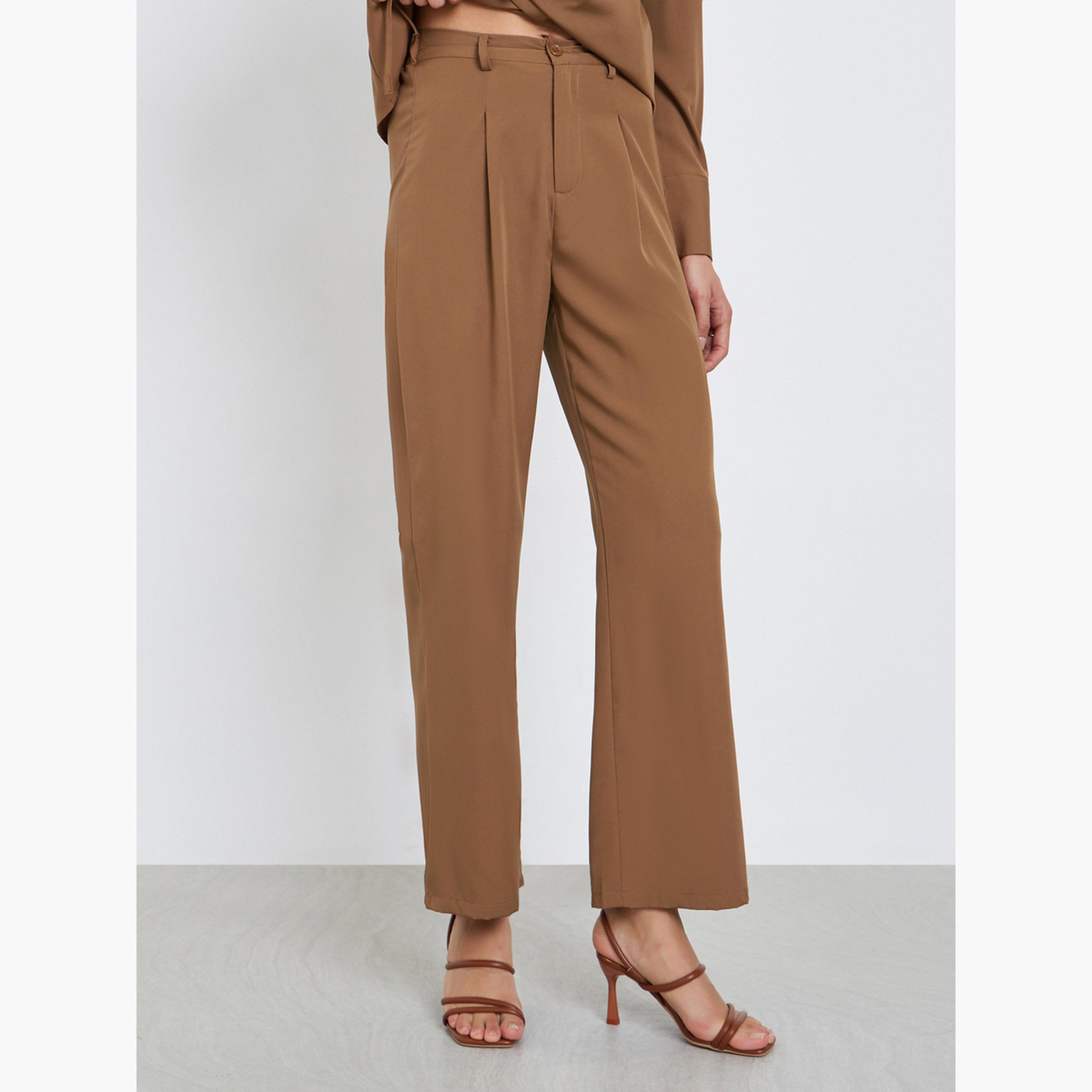 ستايلي - قميص بني غير متماثل ملفوف مع بنطال للنساء-women-clothing-coordsets-image-5