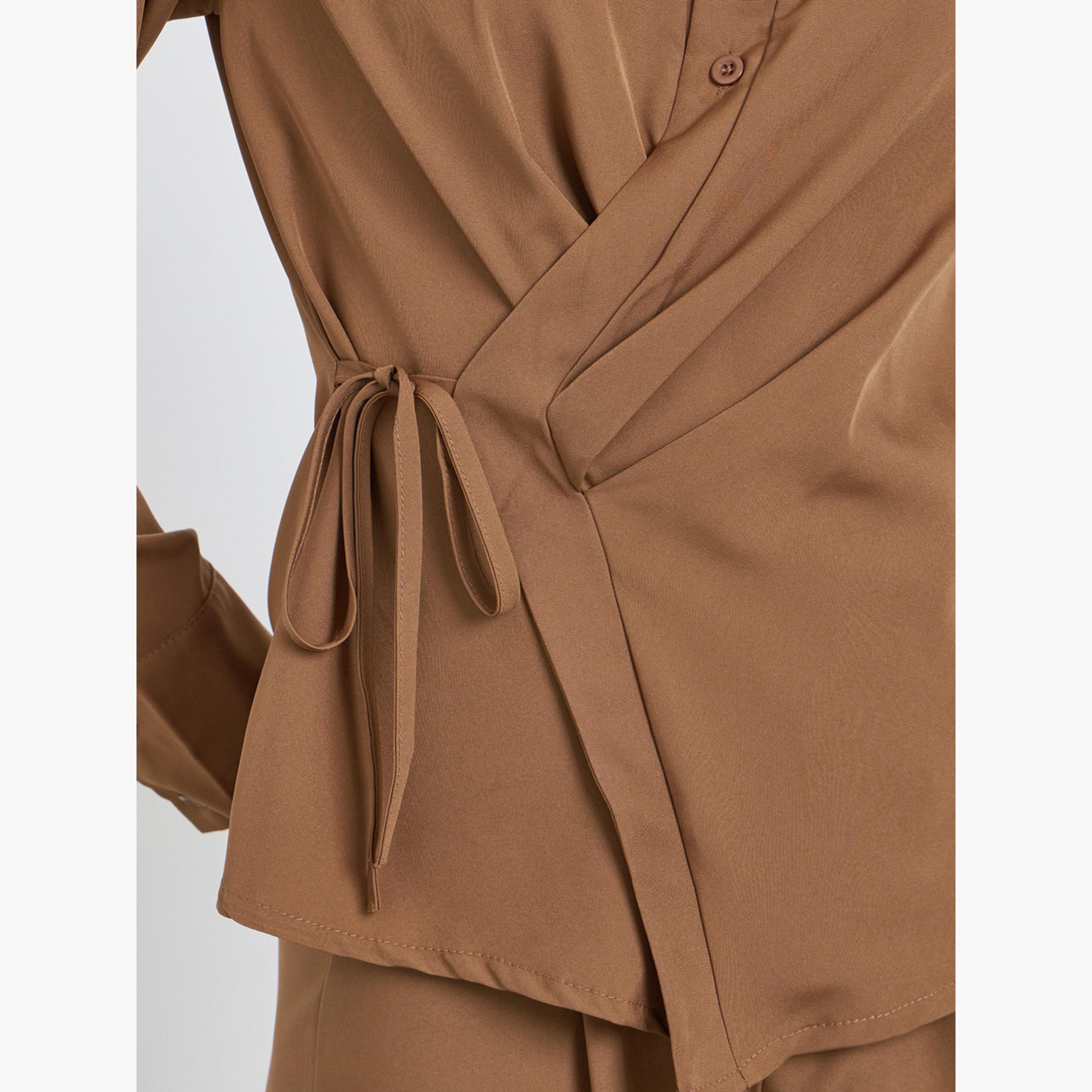 ستايلي - قميص بني غير متماثل ملفوف مع بنطال للنساء-women-clothing-coordsets-image-6