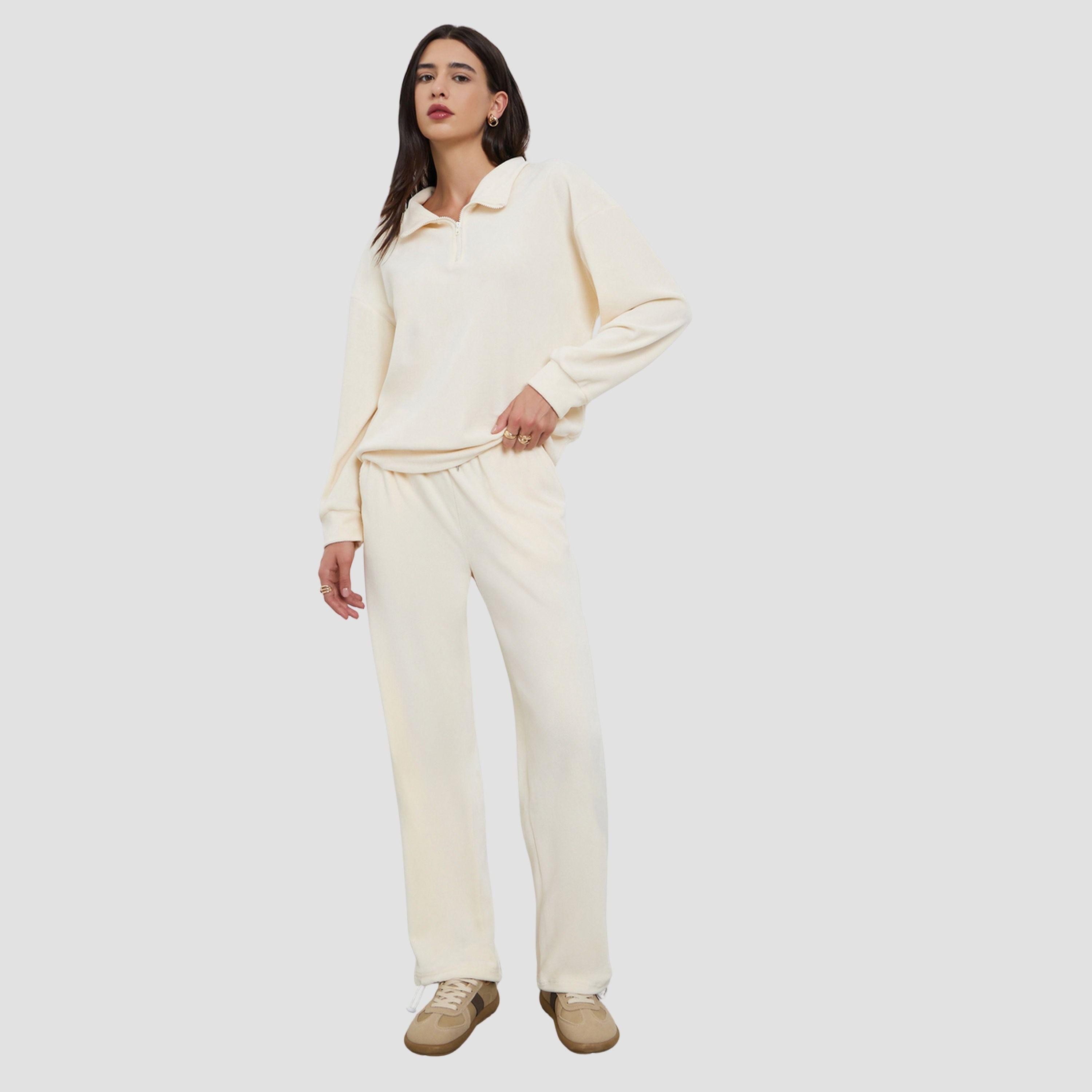ستايلي - طقم سويت شيرت وبنطال رياضي من الصوف لون أوف وايت للنساء-women-clothing-coordsets-image-1