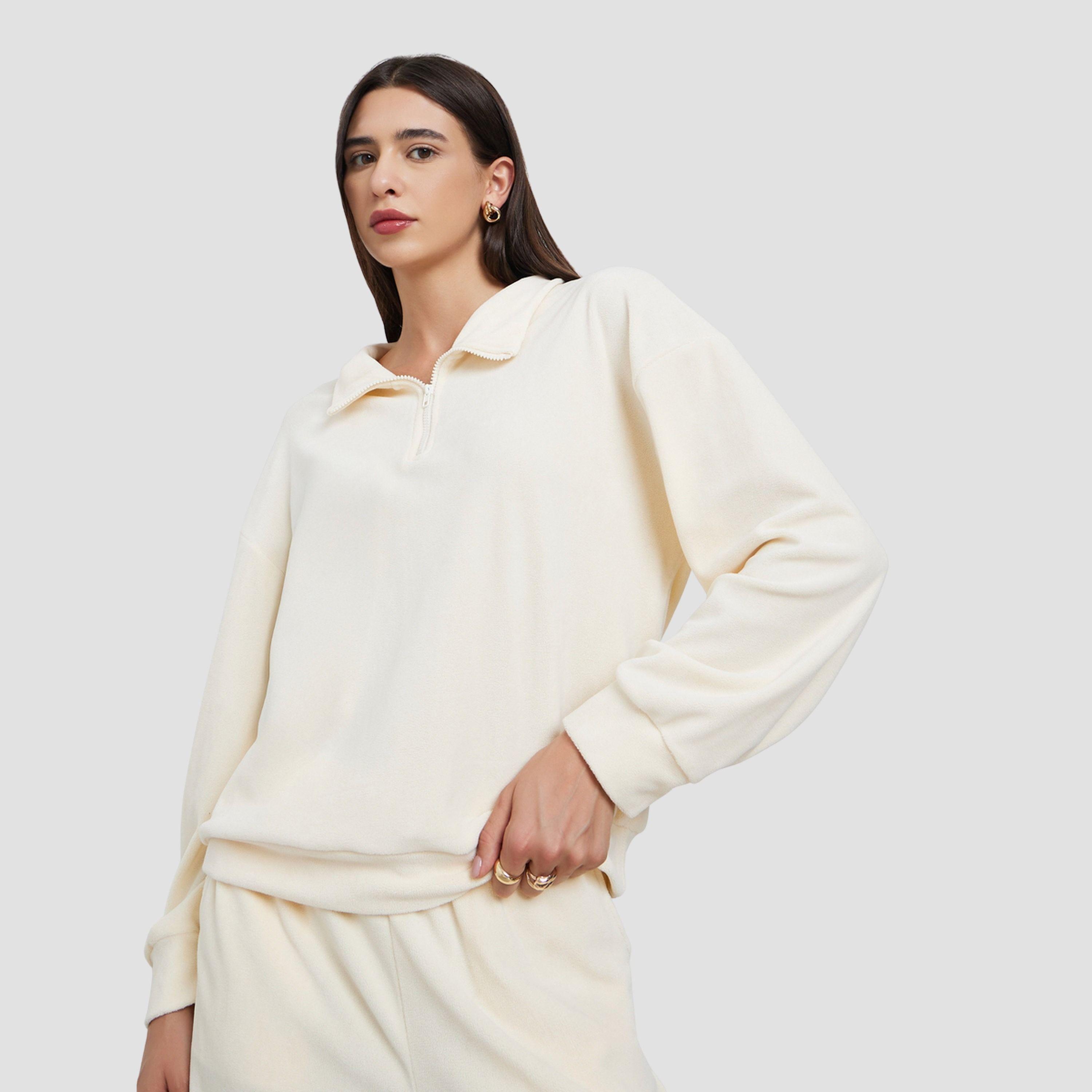 ستايلي - طقم سويت شيرت وبنطال رياضي من الصوف لون أوف وايت للنساء-women-clothing-coordsets-image-2