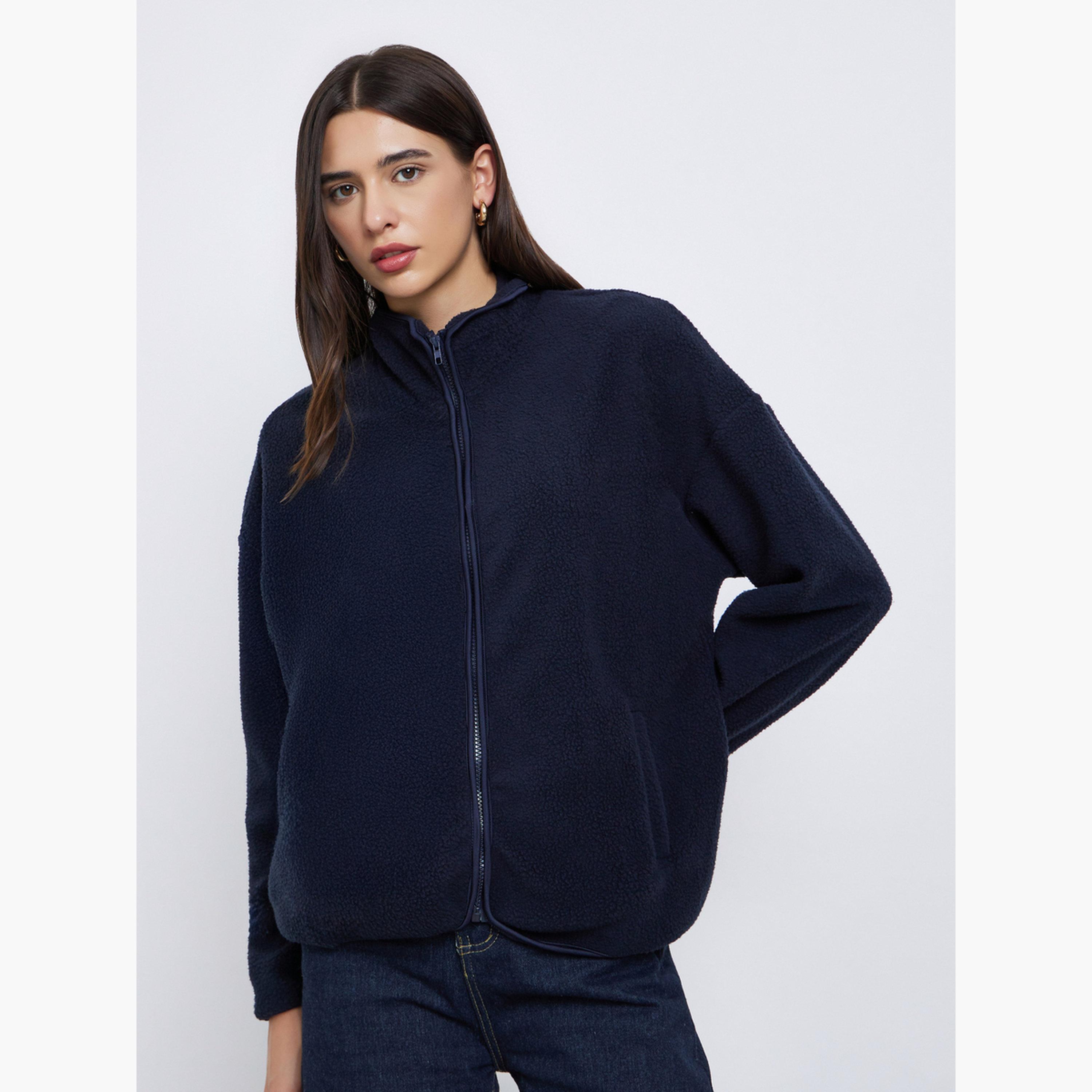 Styli Solid High Neck Long Sleeves Women's Zip Through Utility Jacket-women-winterwear-coatsandjackets-jackets-image-1