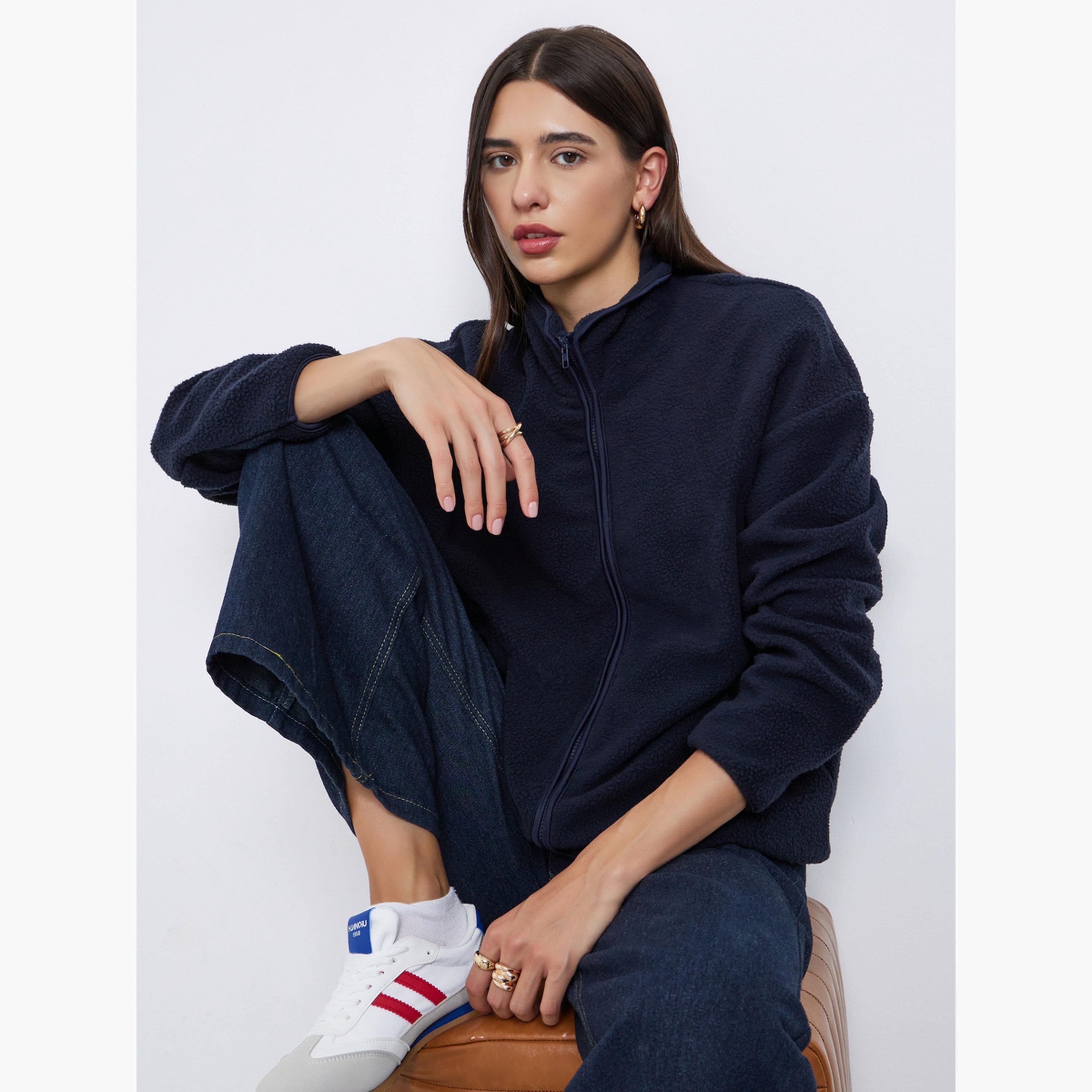 Styli Solid High Neck Long Sleeves Women's Zip Through Utility Jacket-women-winterwear-coatsandjackets-jackets-image-3