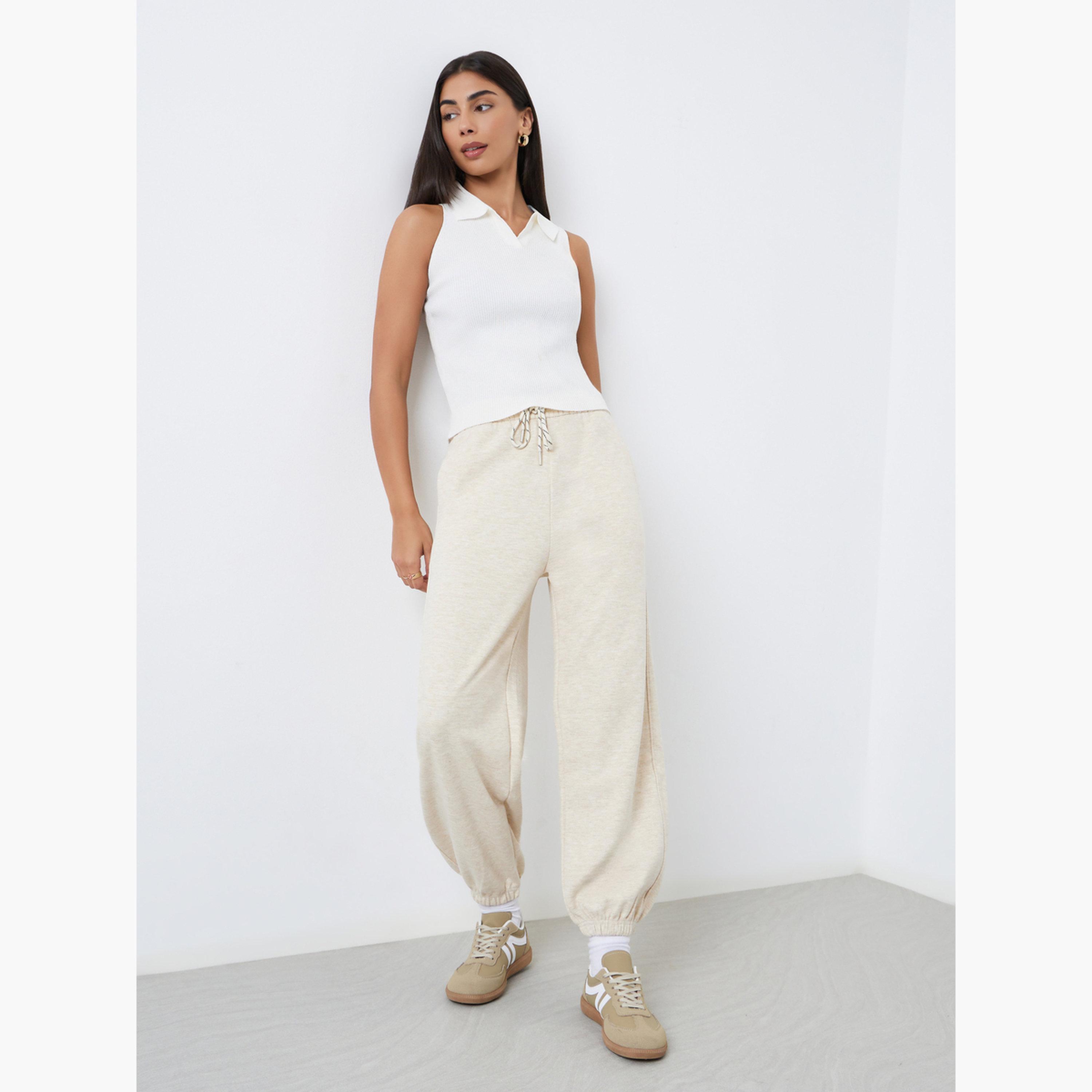 ستايلي - بنطال رياضي كريمي سادة بأكمام للنساء-women-clothing-bottoms-joggers-image-2
