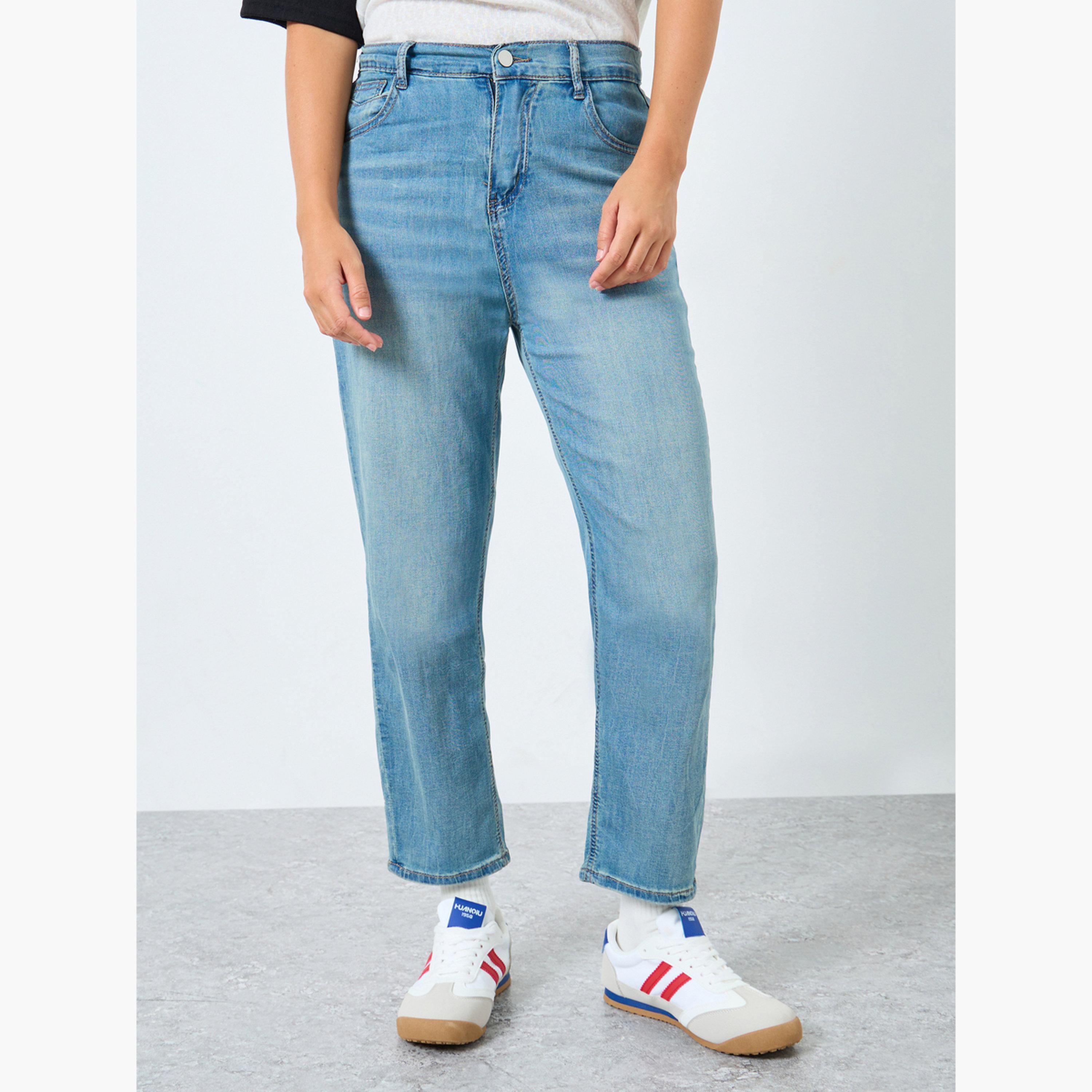 Styli Women Blue Mid Rise Solid Nine-Point Tapered Jeans-women-clothing-bottoms-jeans-image-1