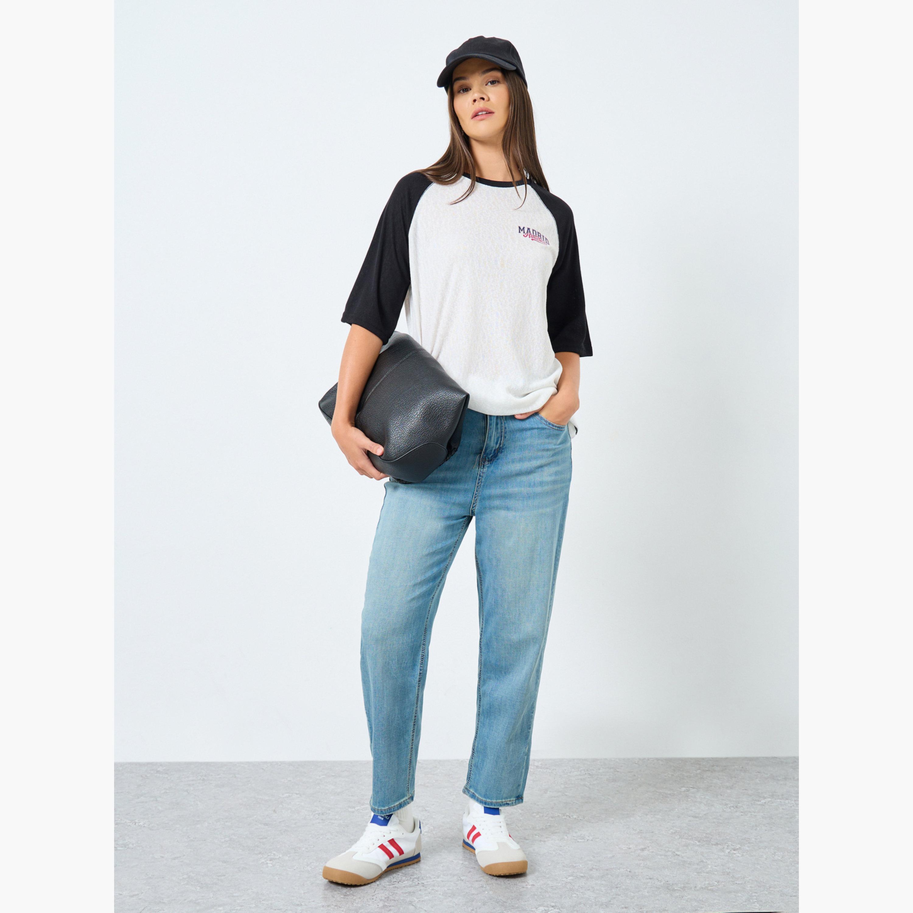 Styli Women Blue Mid Rise Solid Nine-Point Tapered Jeans-women-clothing-bottoms-jeans-image-2