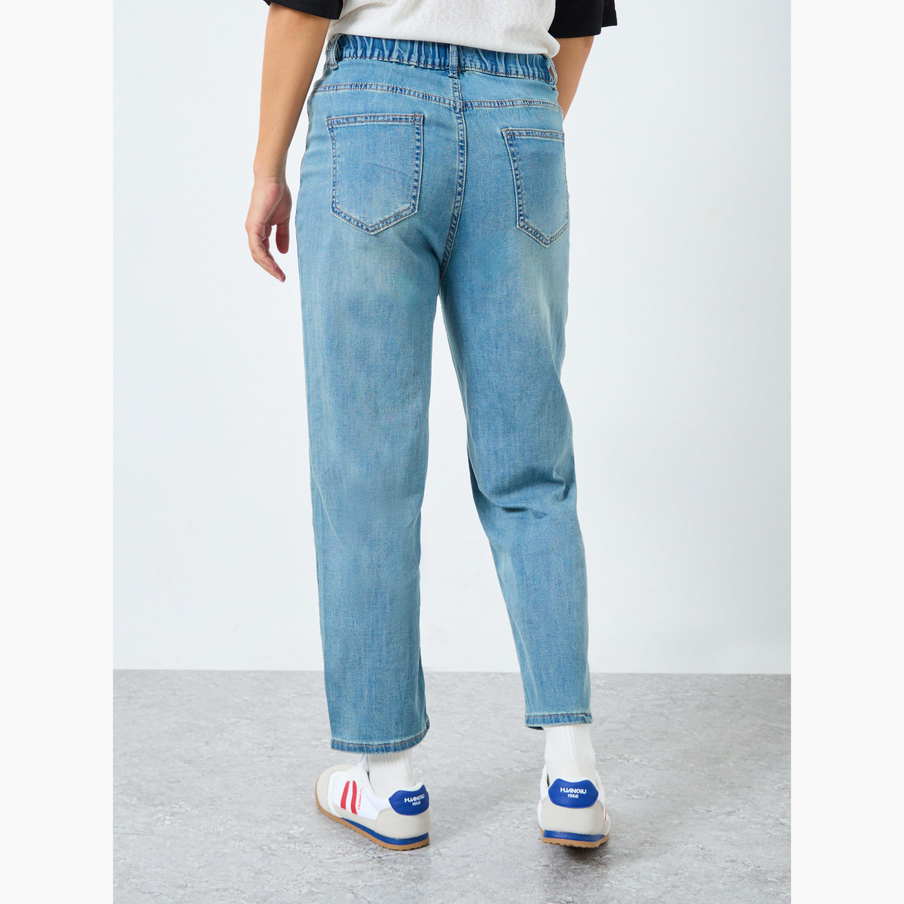 Styli Women Blue Mid Rise Solid Nine-Point Tapered Jeans-women-clothing-bottoms-jeans-image-4