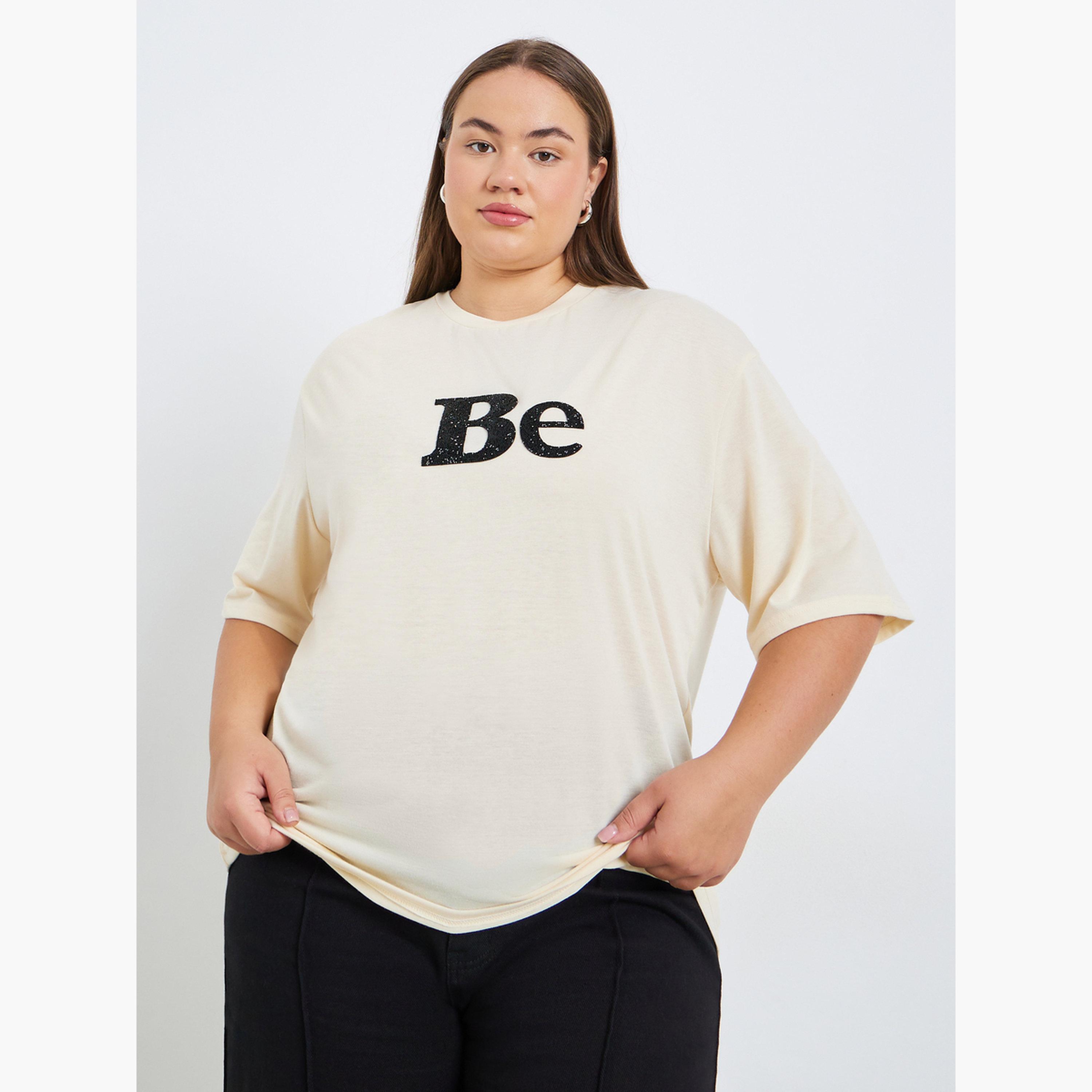 Styli Plus Size Beige Embellished T-Shirt-women-clothing-tshirts-image-1