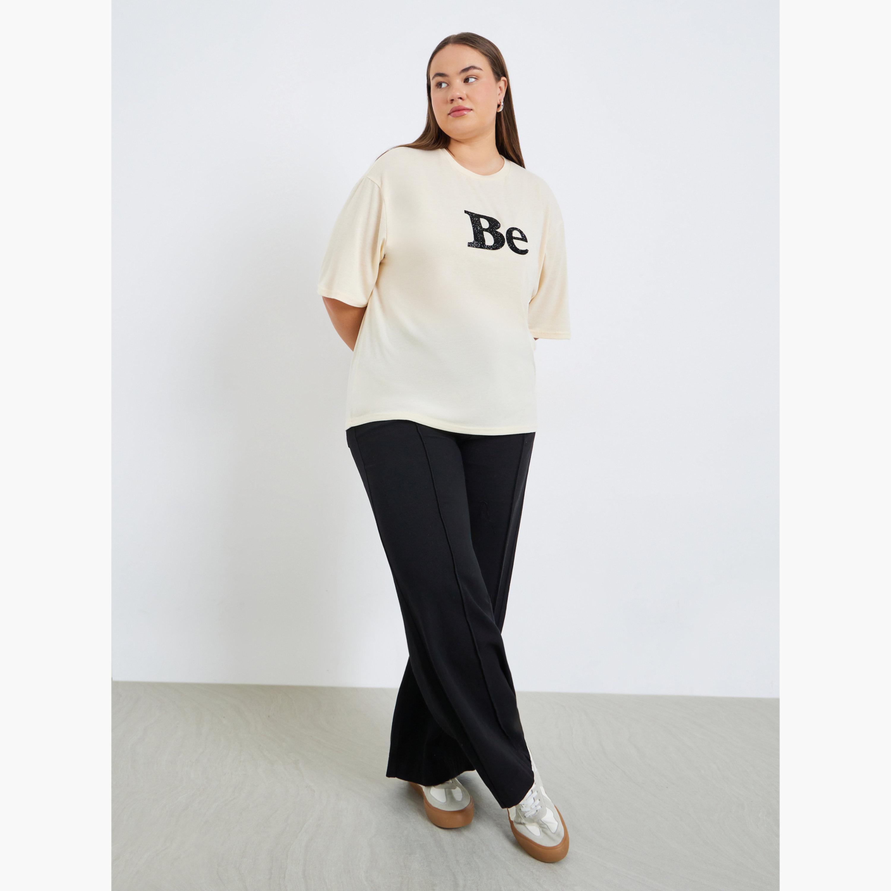 Styli Plus Size Beige Embellished T-Shirt-women-clothing-tshirts-image-2