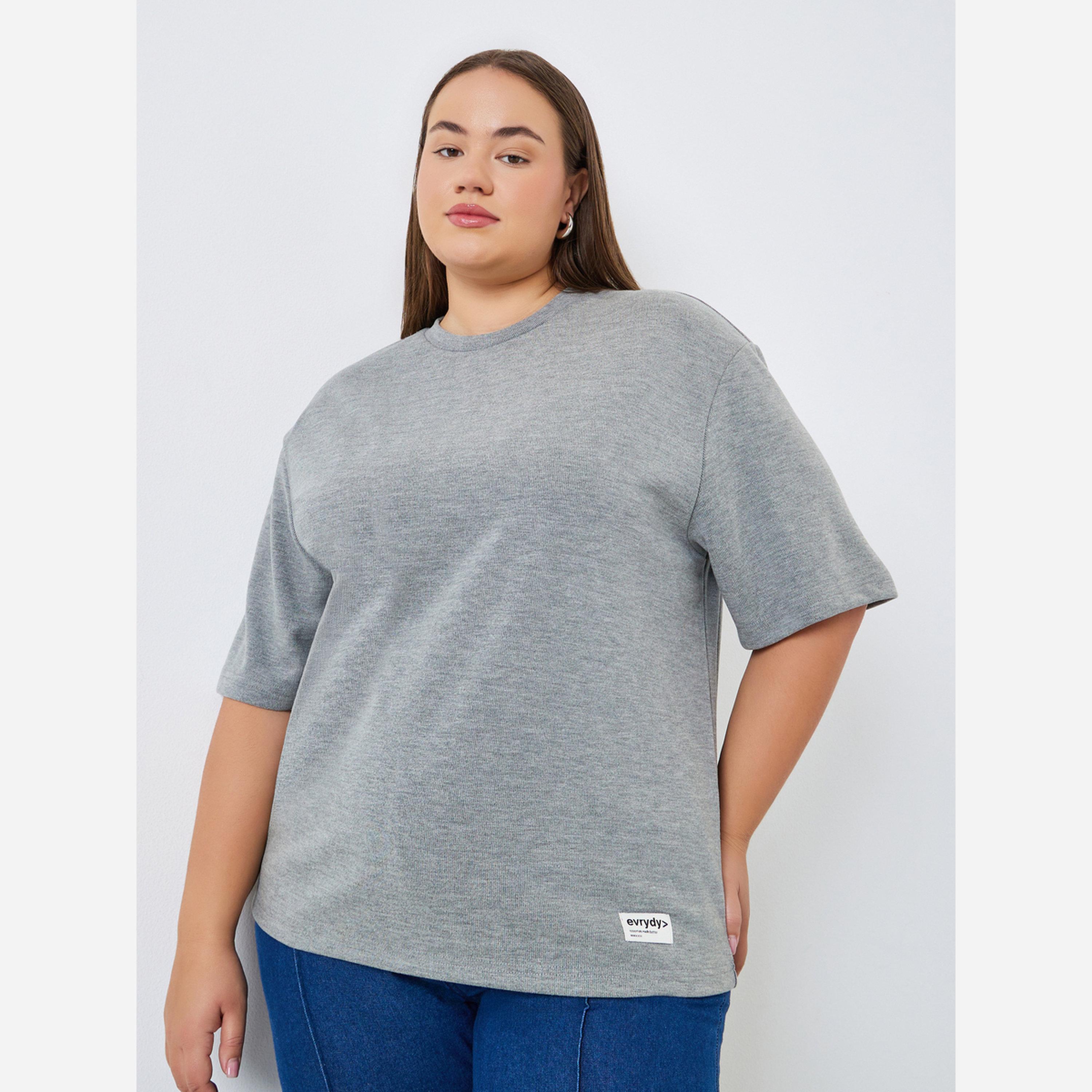 Styli Plus Size Grey Short Sleeve T-Shirt-women-clothing-tshirts-image-1