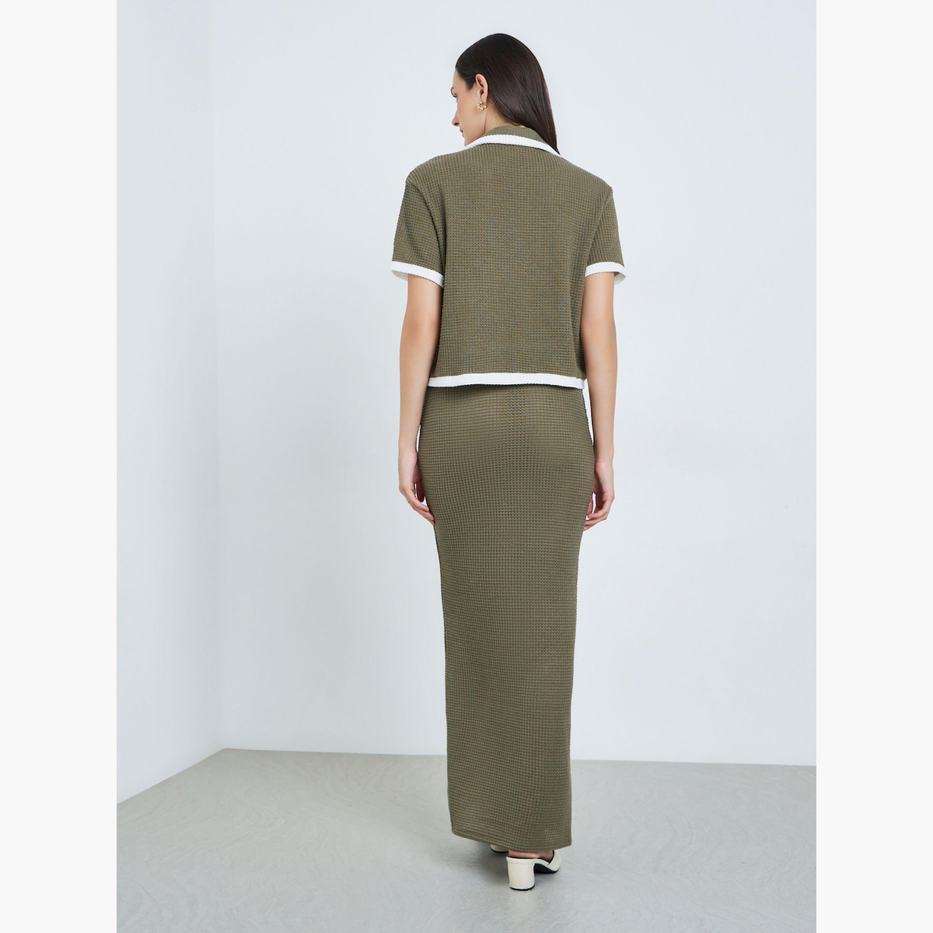 طقم كنزة وتنورة بلون زيتوني مع حواف متباينة-women-clothing-coordsets-image-4