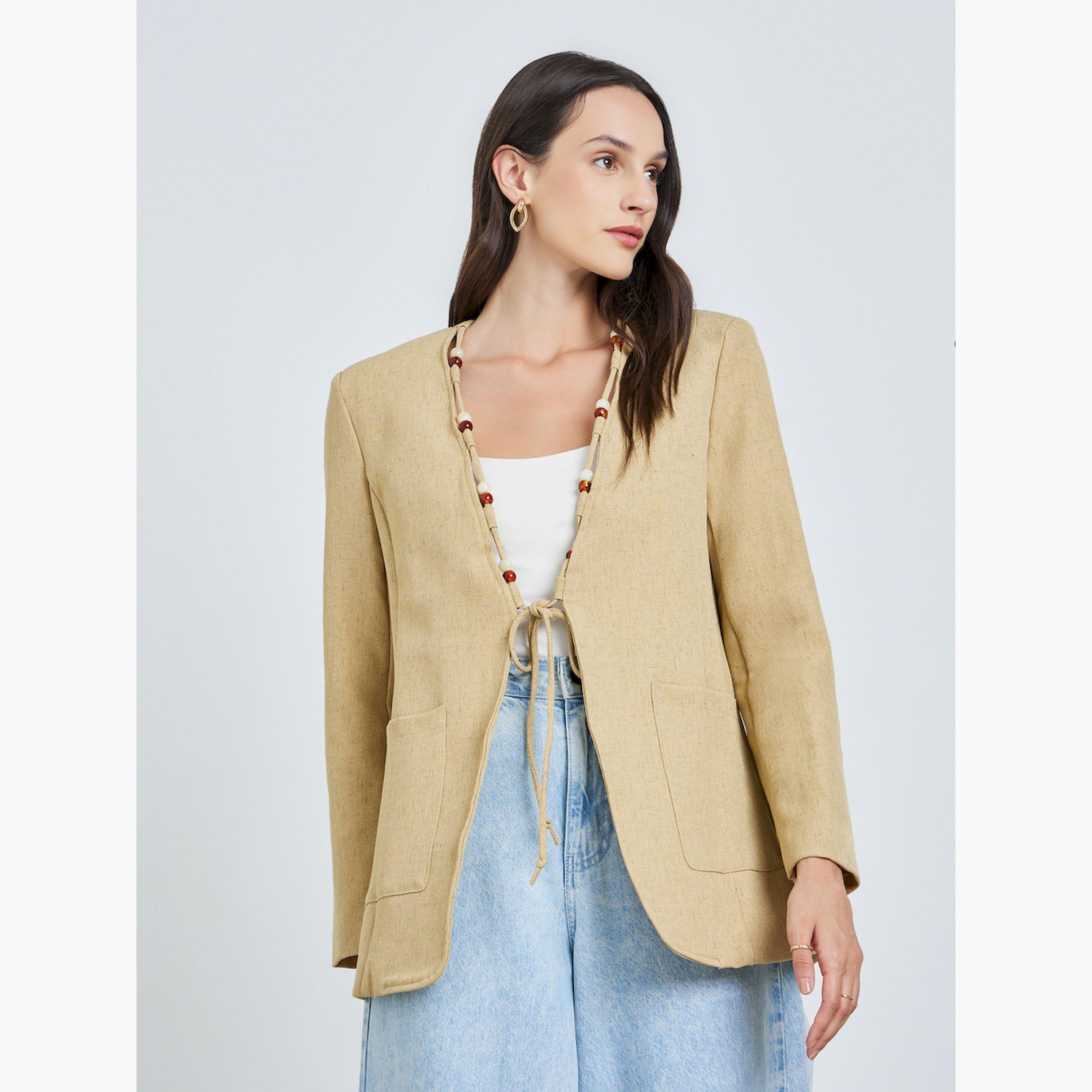 Take Two Women's Solid Pocket Detail Beaded Decor Neck Long Sleeve Jacket-women-winterwear-coatsandjackets-jackets-image-1